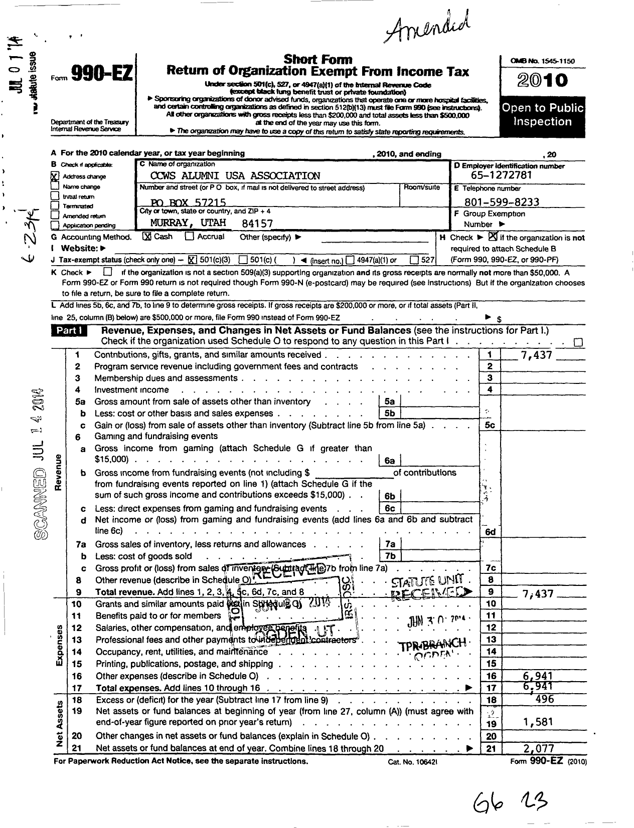 Image of first page of 2010 Form 990EZ for Ccws Alumni USA Association