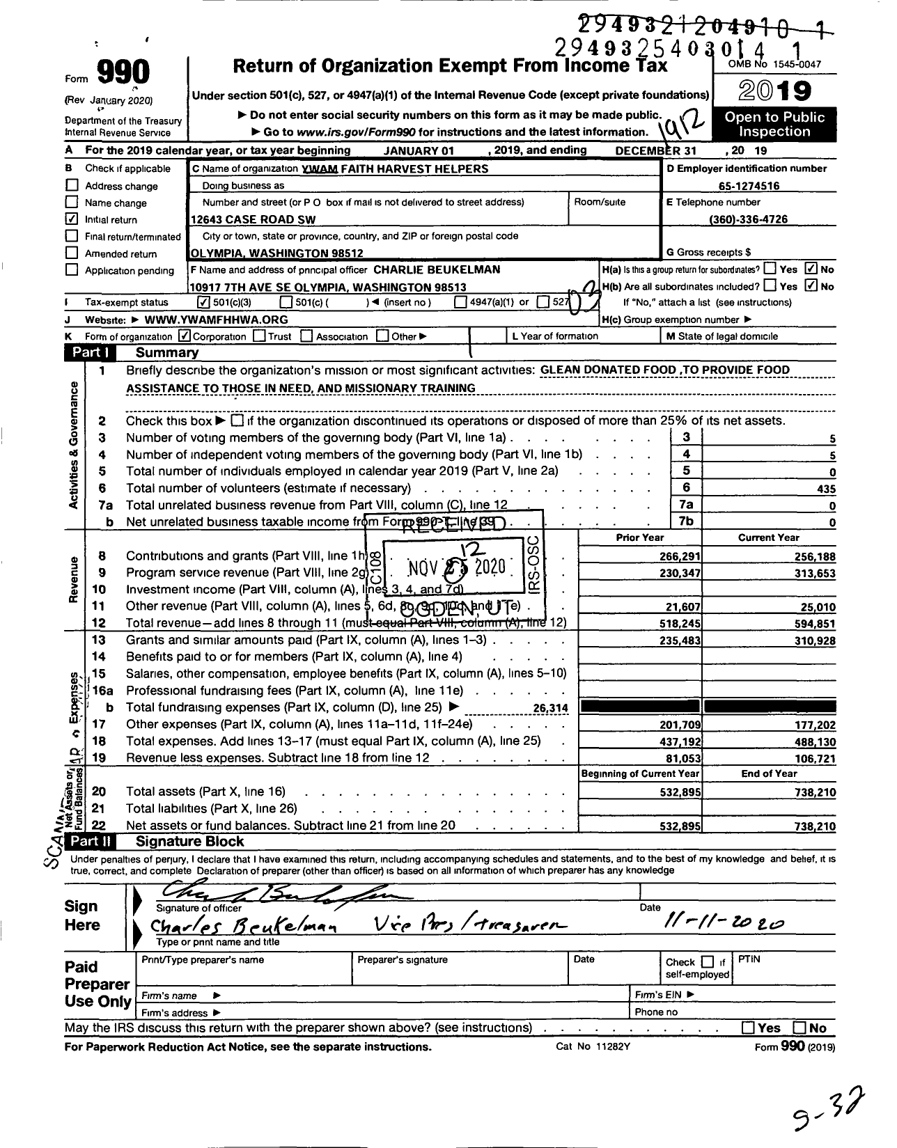 Image of first page of 2019 Form 990 for Non-Profit / Ywam Faith Harvest Helpers