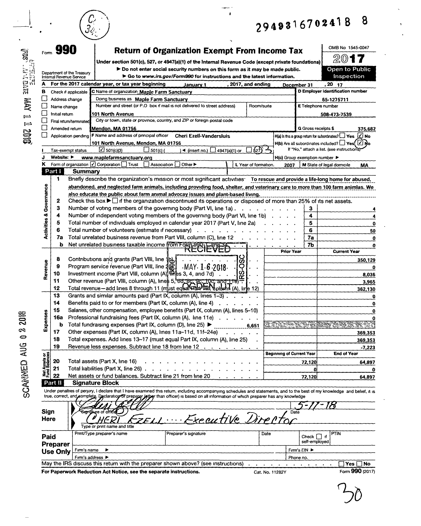 Image of first page of 2017 Form 990 for Maple Farm Sanctuary