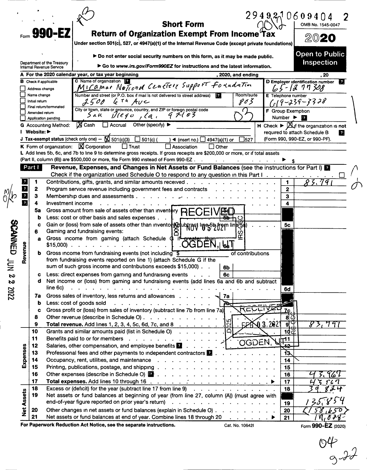 Image of first page of 2020 Form 990EZ for Miramar National Cemetery Support Foundation