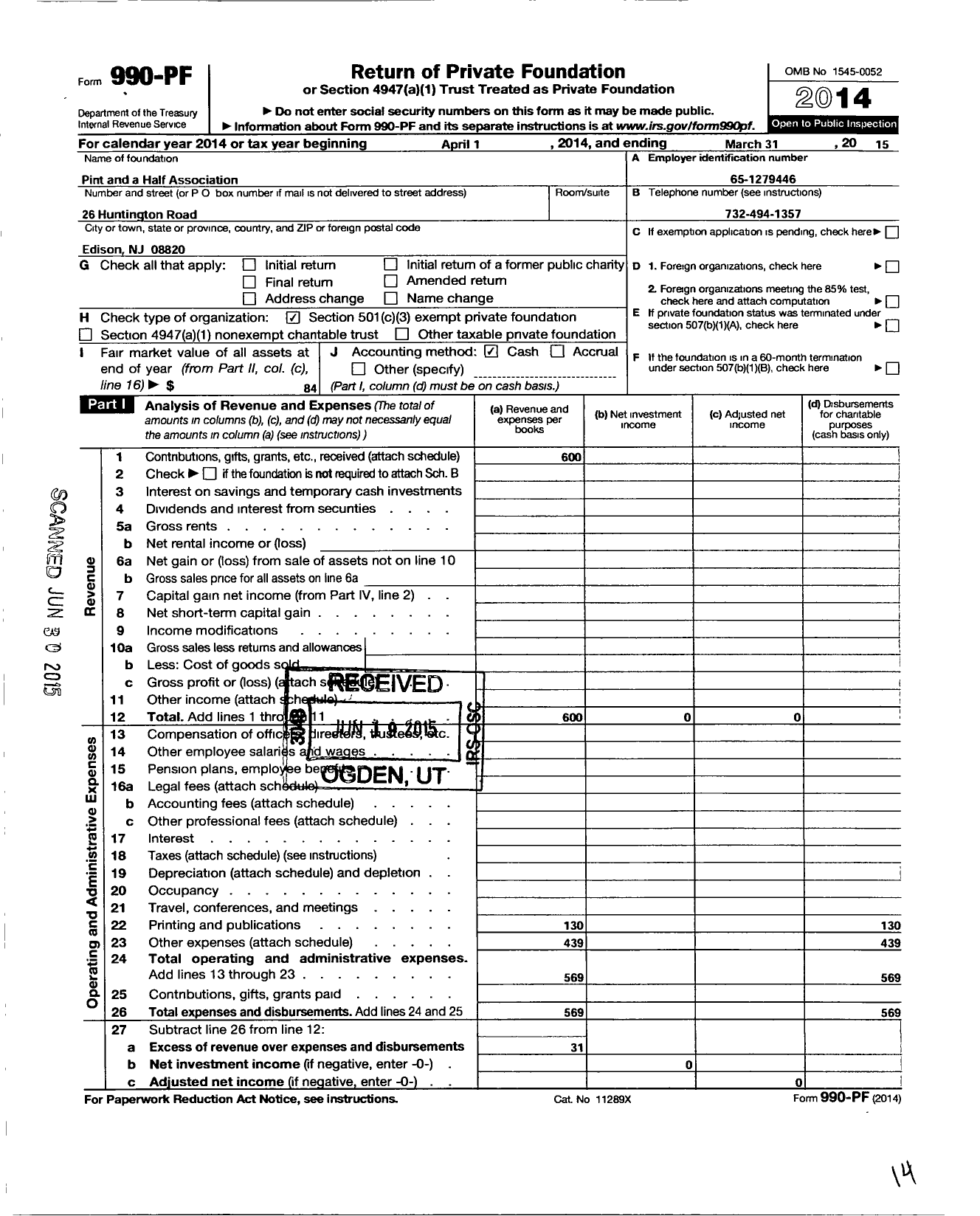 Image of first page of 2014 Form 990PF for Pint and A Half Association