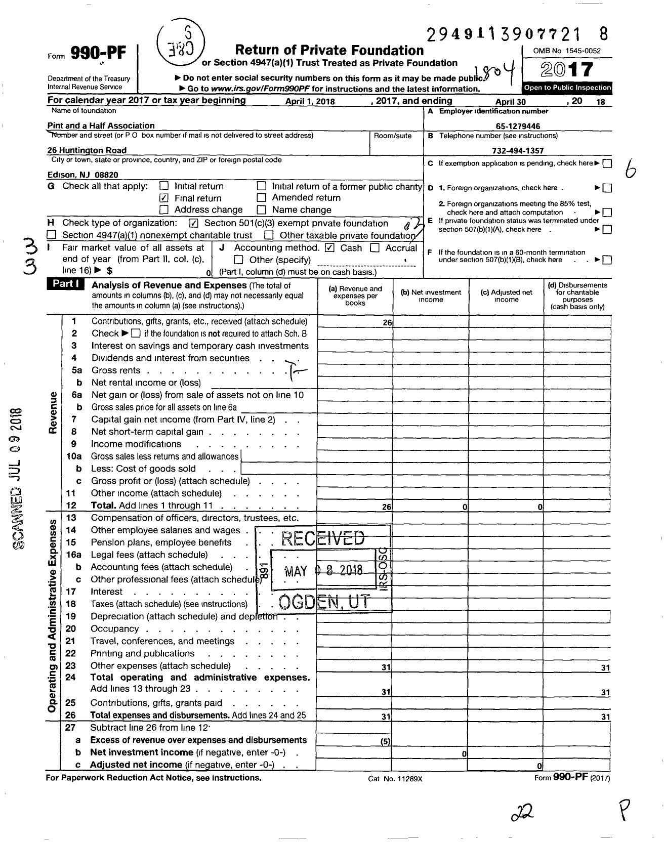 Image of first page of 2017 Form 990PF for Pint and A Half Association