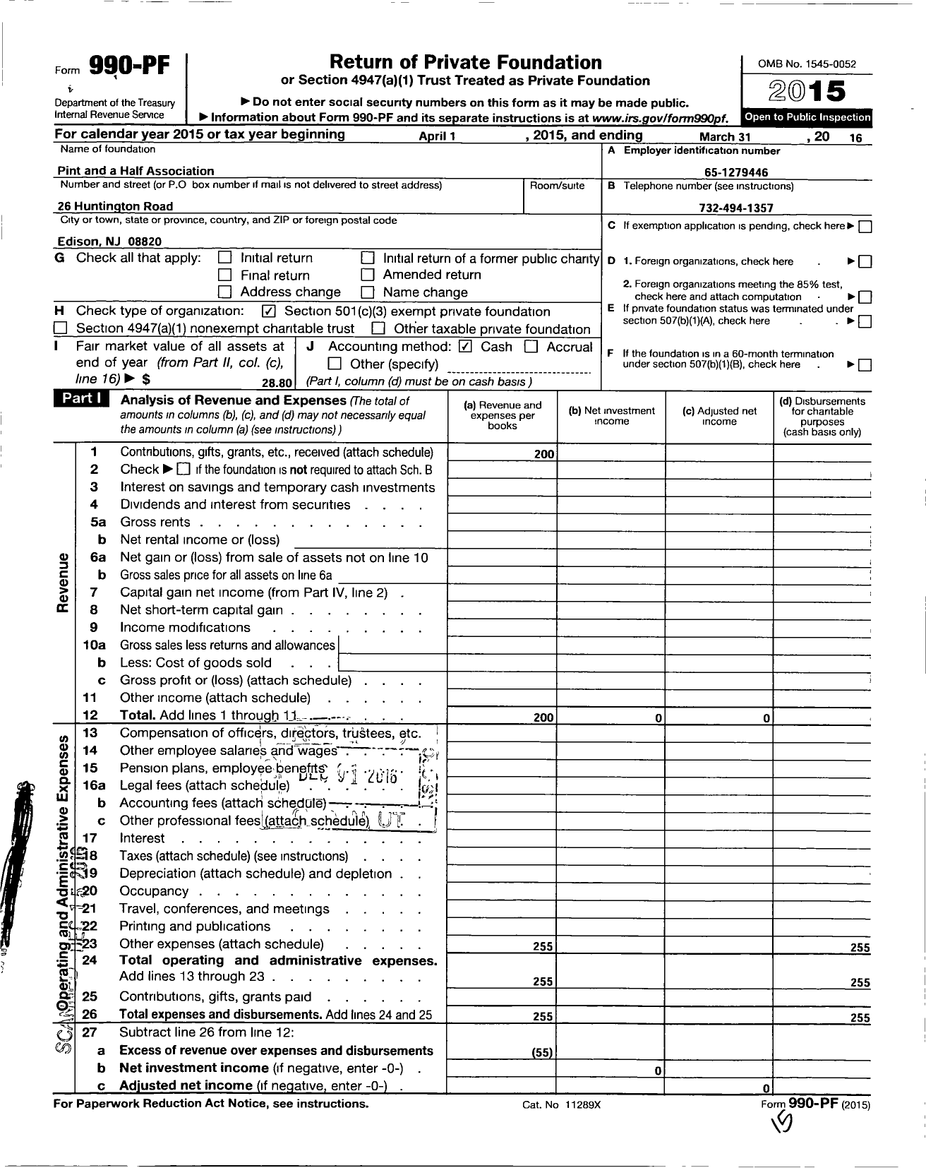 Image of first page of 2015 Form 990PF for Pint and A Half Association