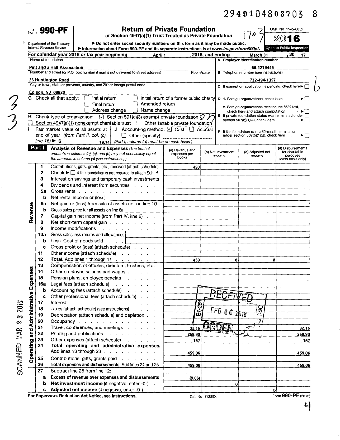 Image of first page of 2016 Form 990PF for Pint and A Half Association