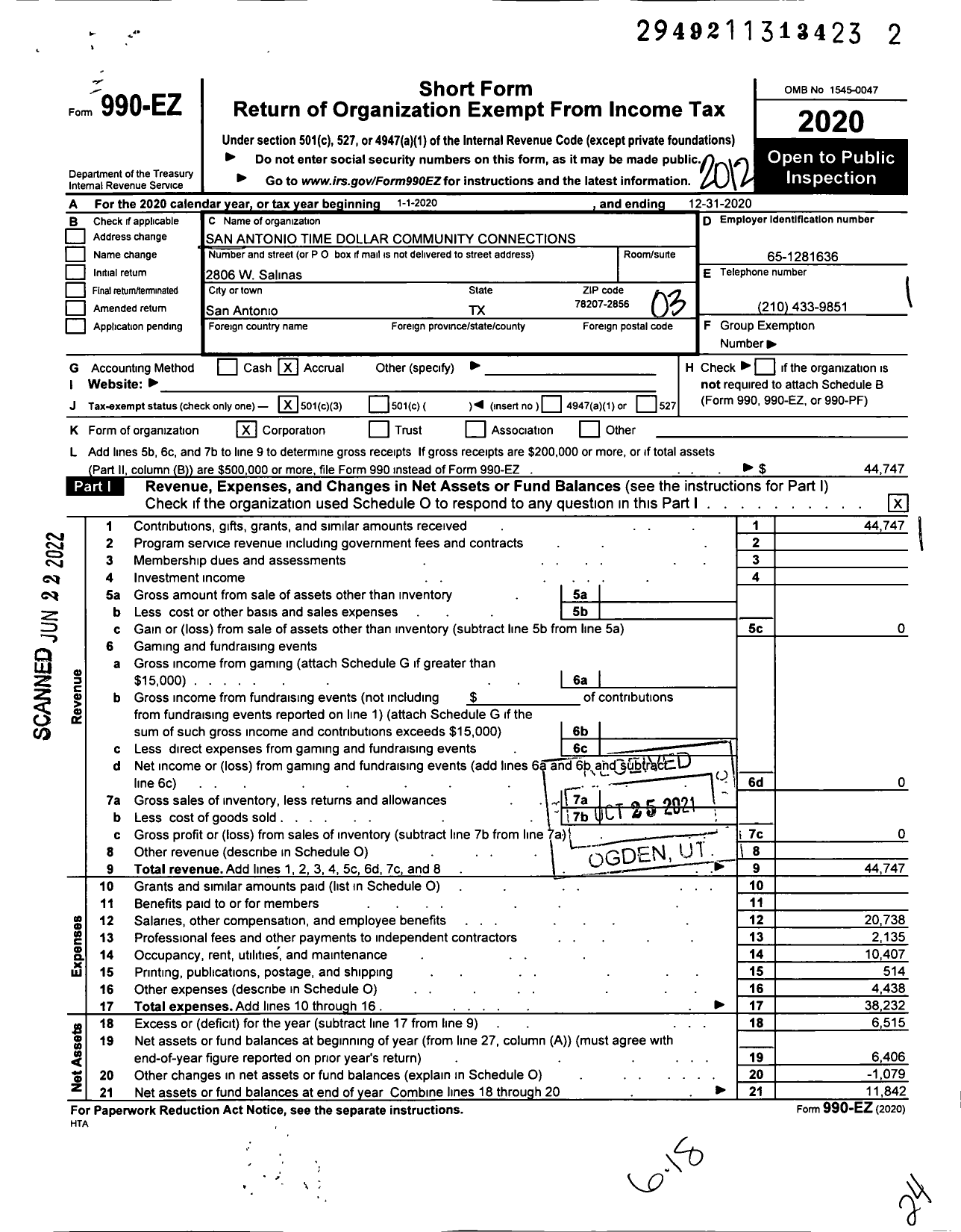 Image of first page of 2020 Form 990EZ for San Antonio Time Dollar Community Connections