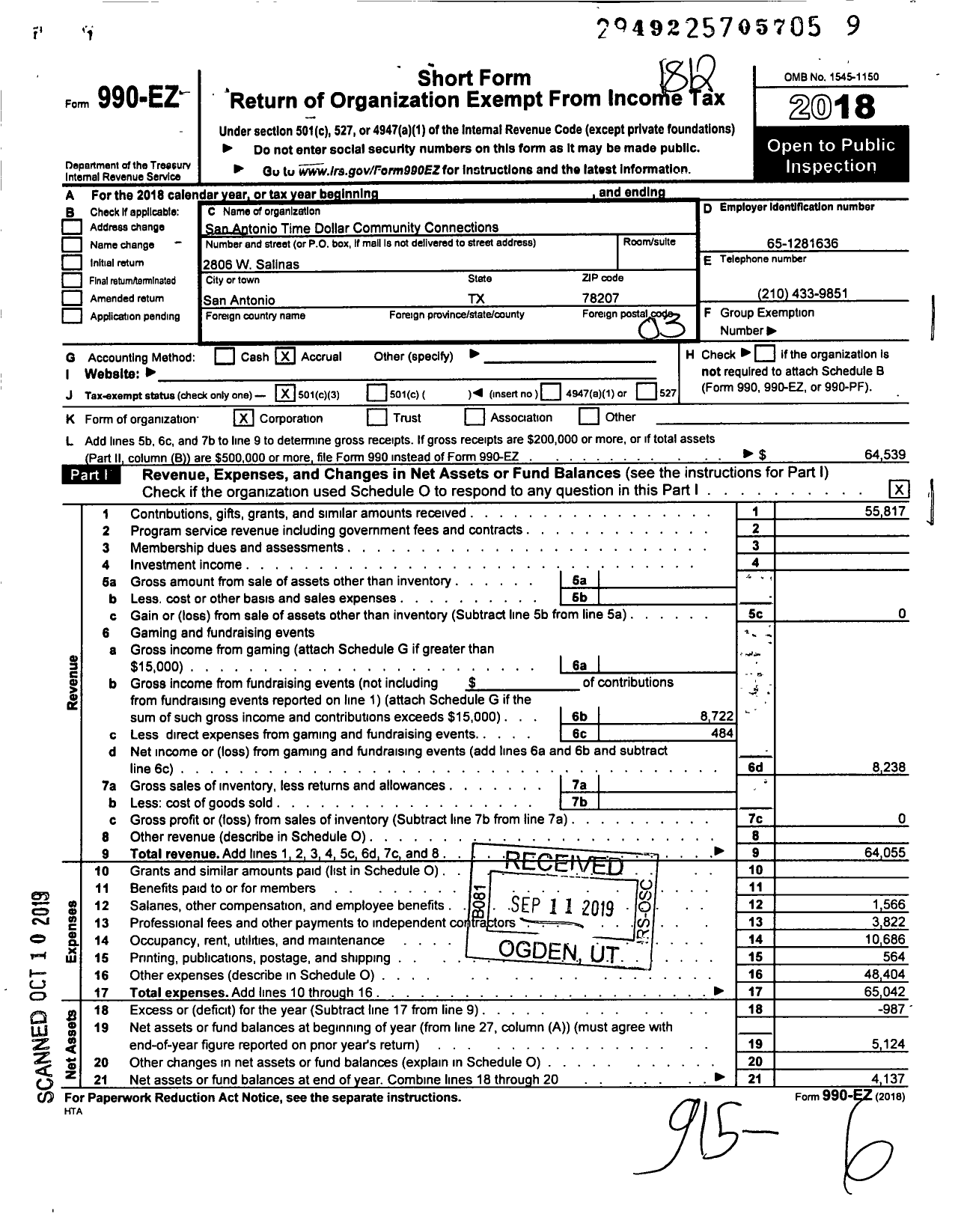 Image of first page of 2018 Form 990EZ for San Antonio Time Dollar Community Connections