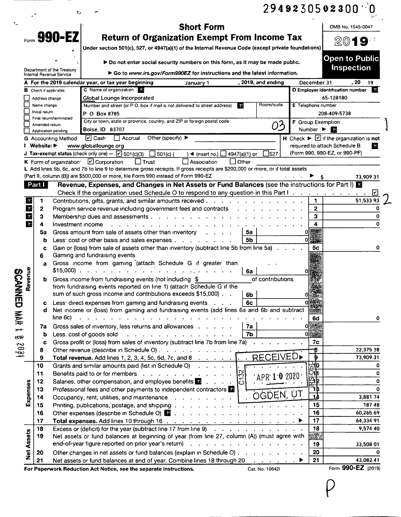 Image of first page of 2019 Form 990EZ for Global Lounge Incorporated