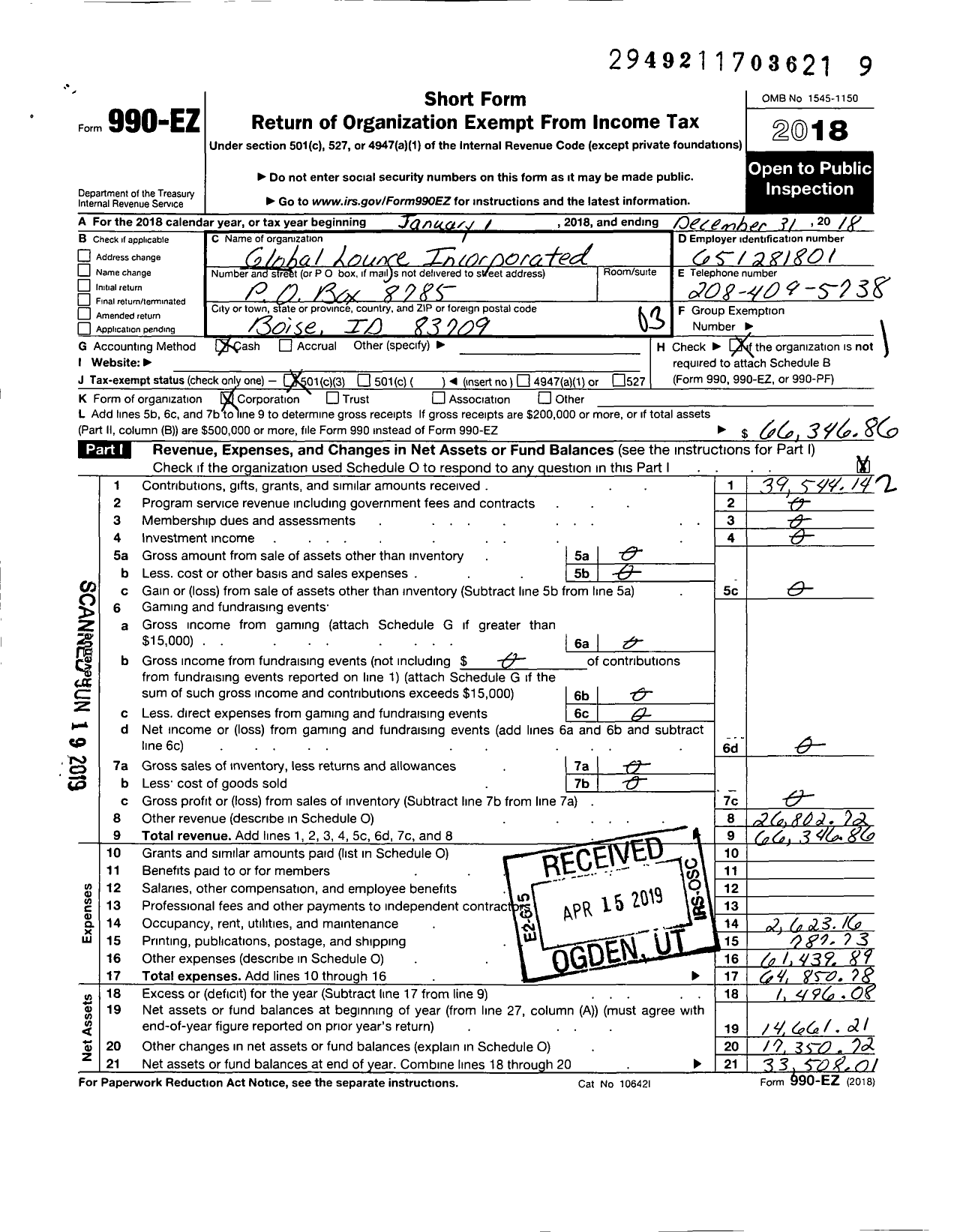 Image of first page of 2018 Form 990EZ for Global Lounge Incorporated