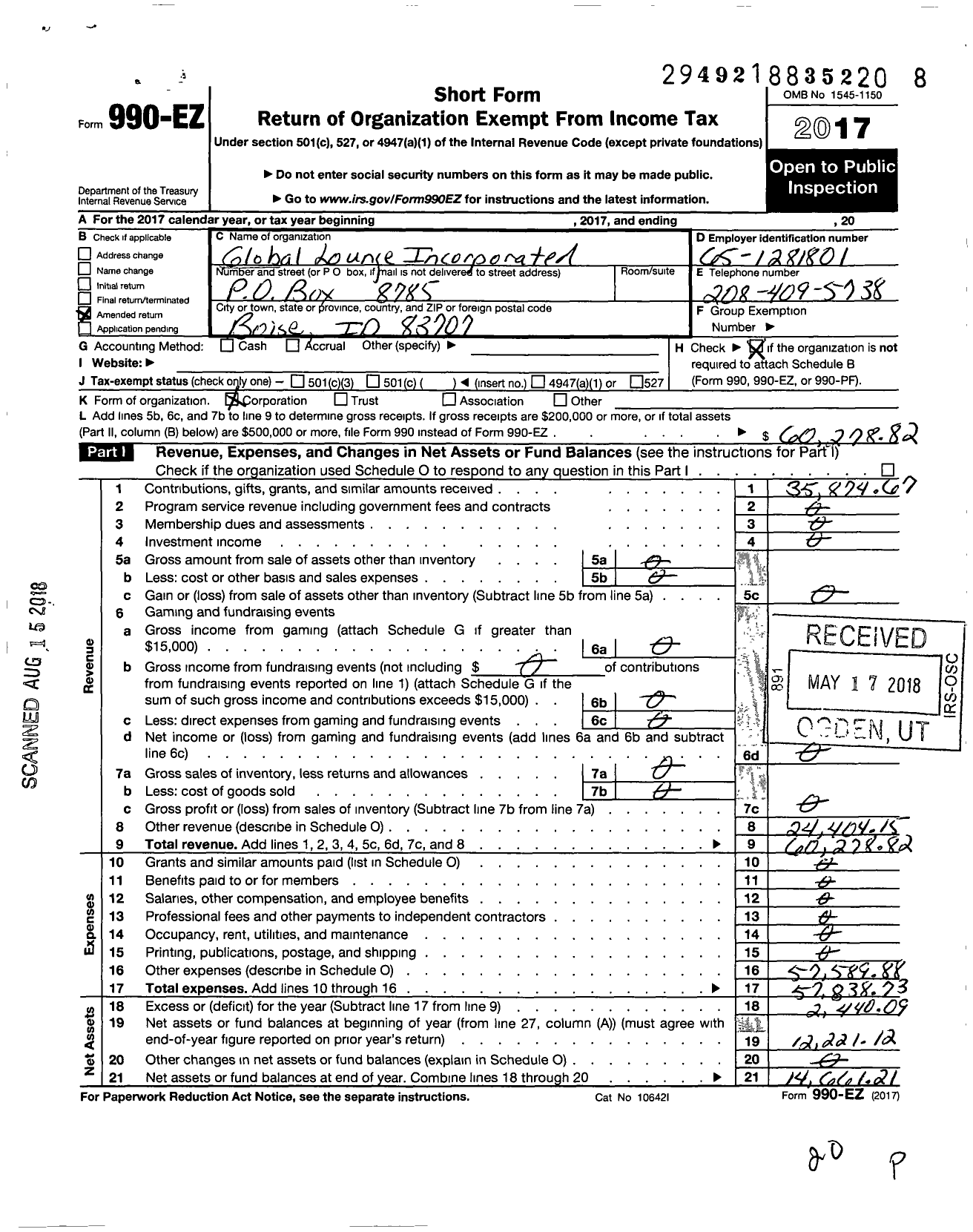 Image of first page of 2017 Form 990EO for Global Lounge Incorporated