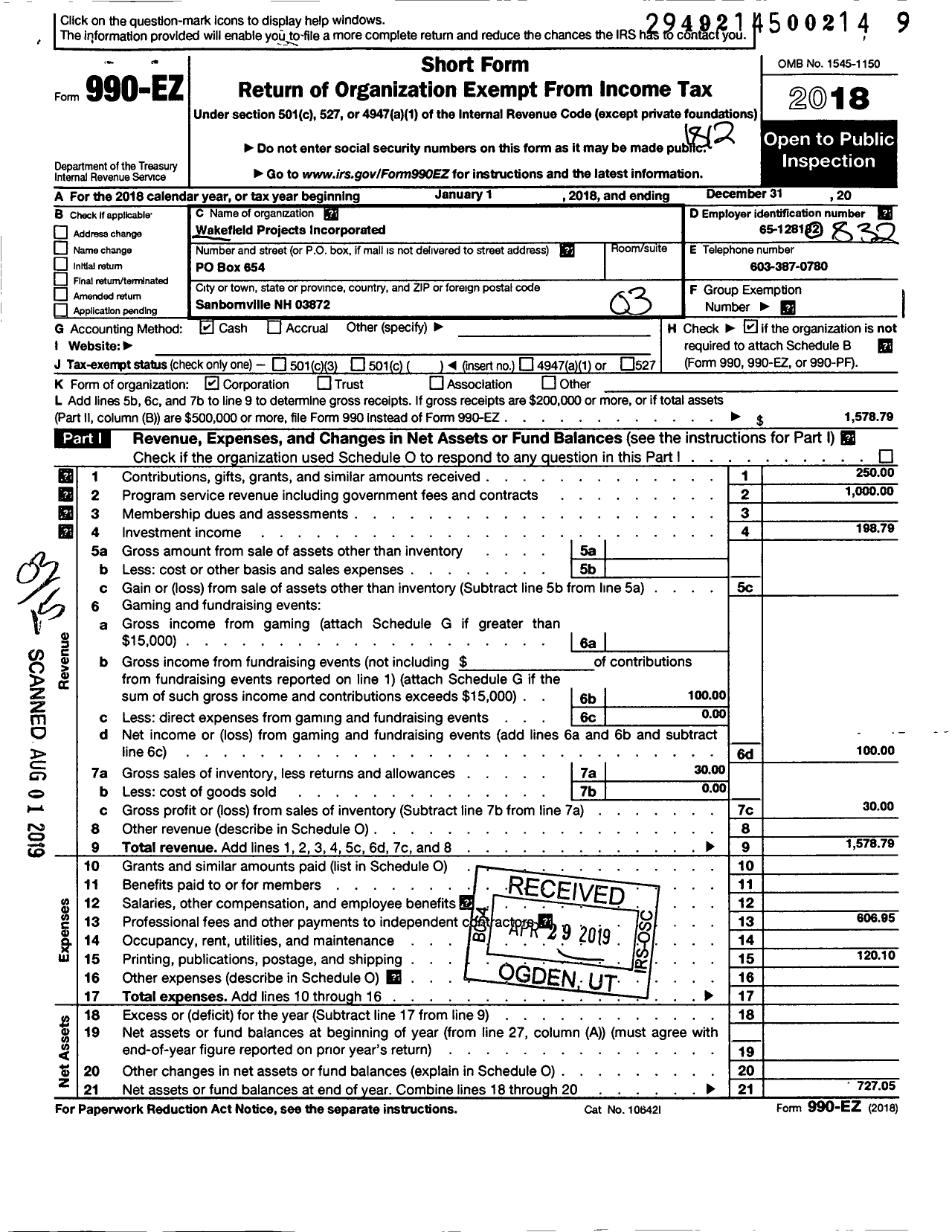 Image of first page of 2018 Form 990EZ for Wakefield Projects Incorporated