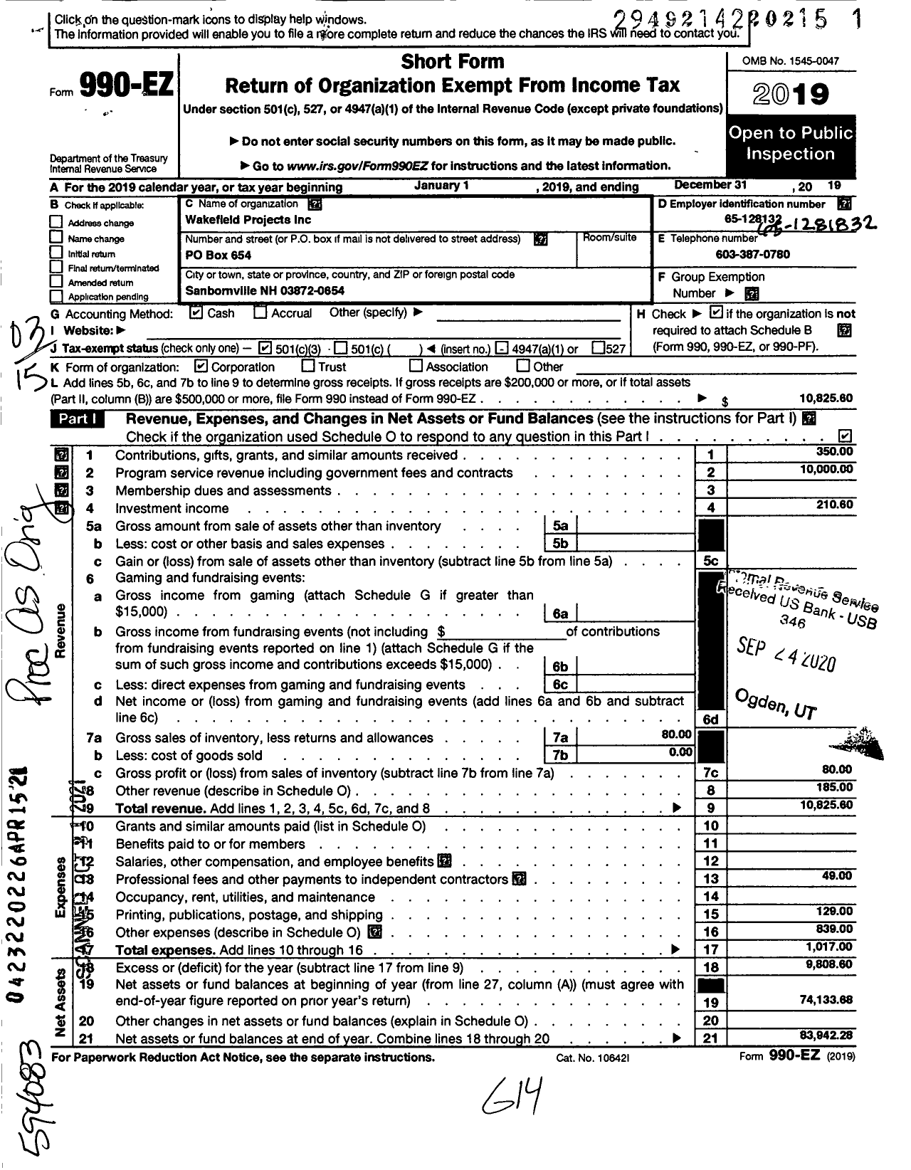 Image of first page of 2019 Form 990EZ for Wakefield Projects Incorporated