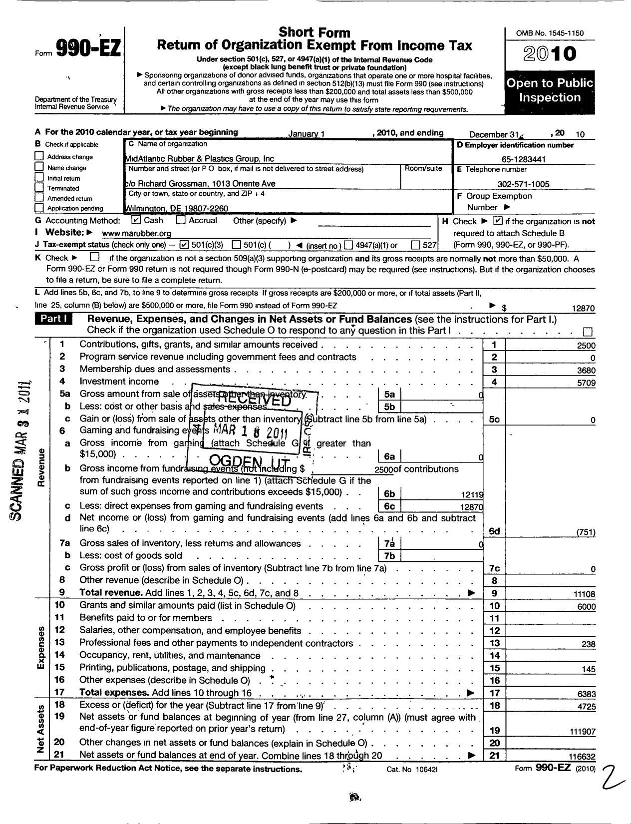 Image of first page of 2010 Form 990EZ for American Chemical Society - Midlntic Rbber Plstics GRP Color CH