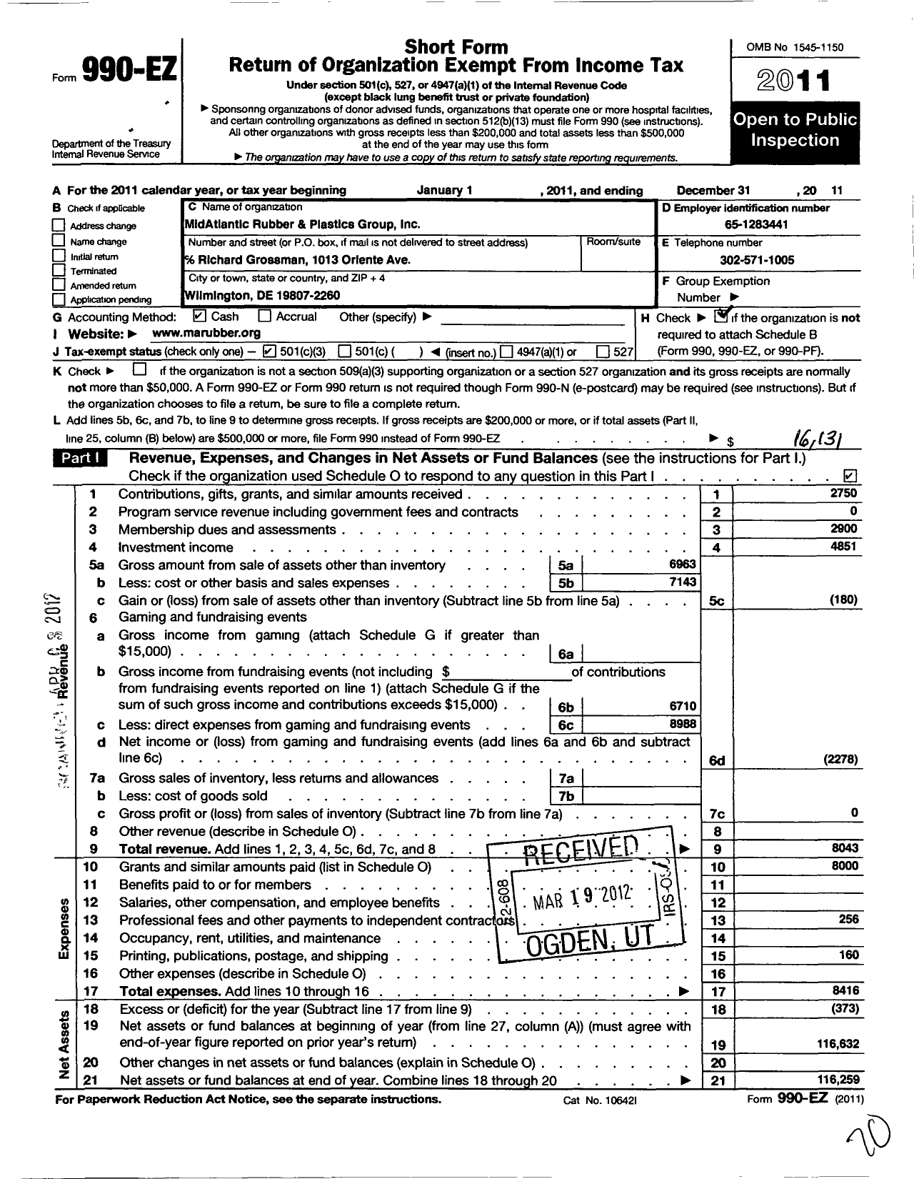 Image of first page of 2011 Form 990EZ for American Chemical Society - Midlntic Rbber Plstics GRP Color CH