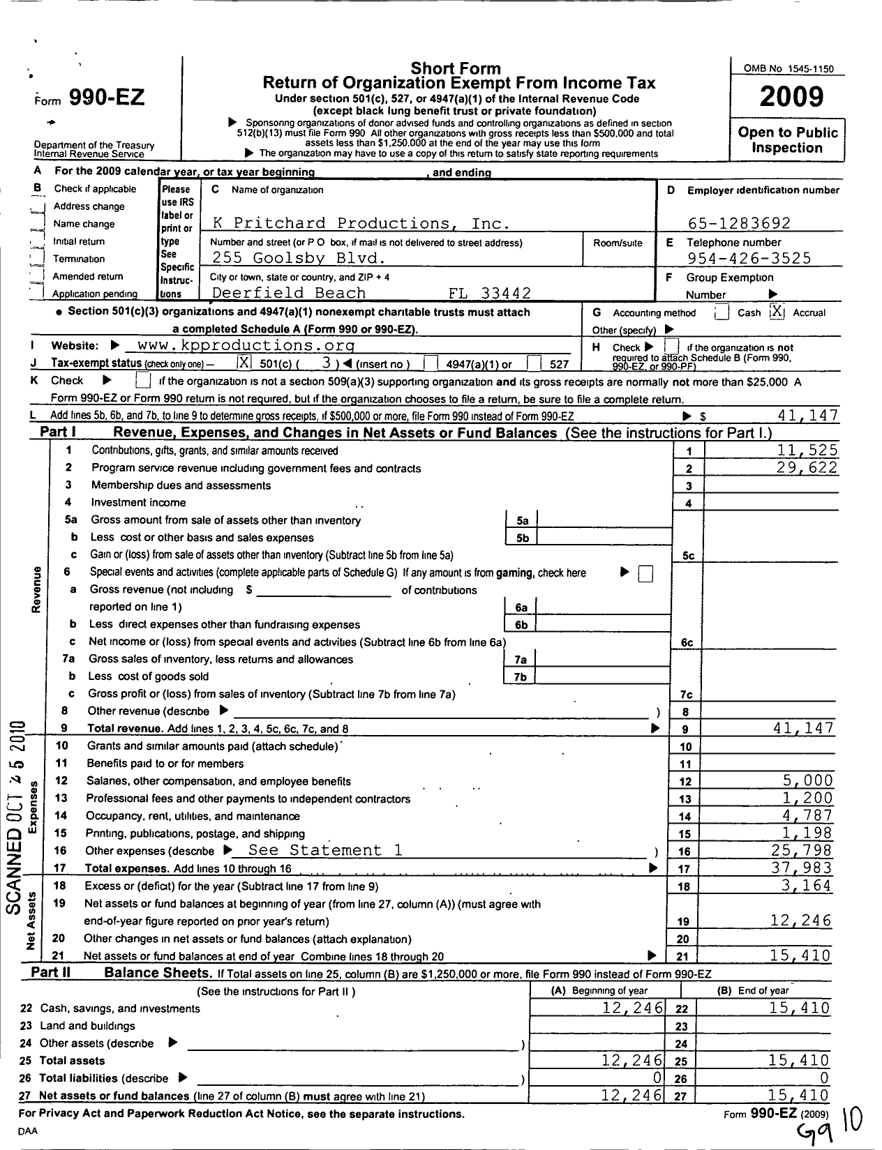 Image of first page of 2009 Form 990EZ for K Pritchard Productions