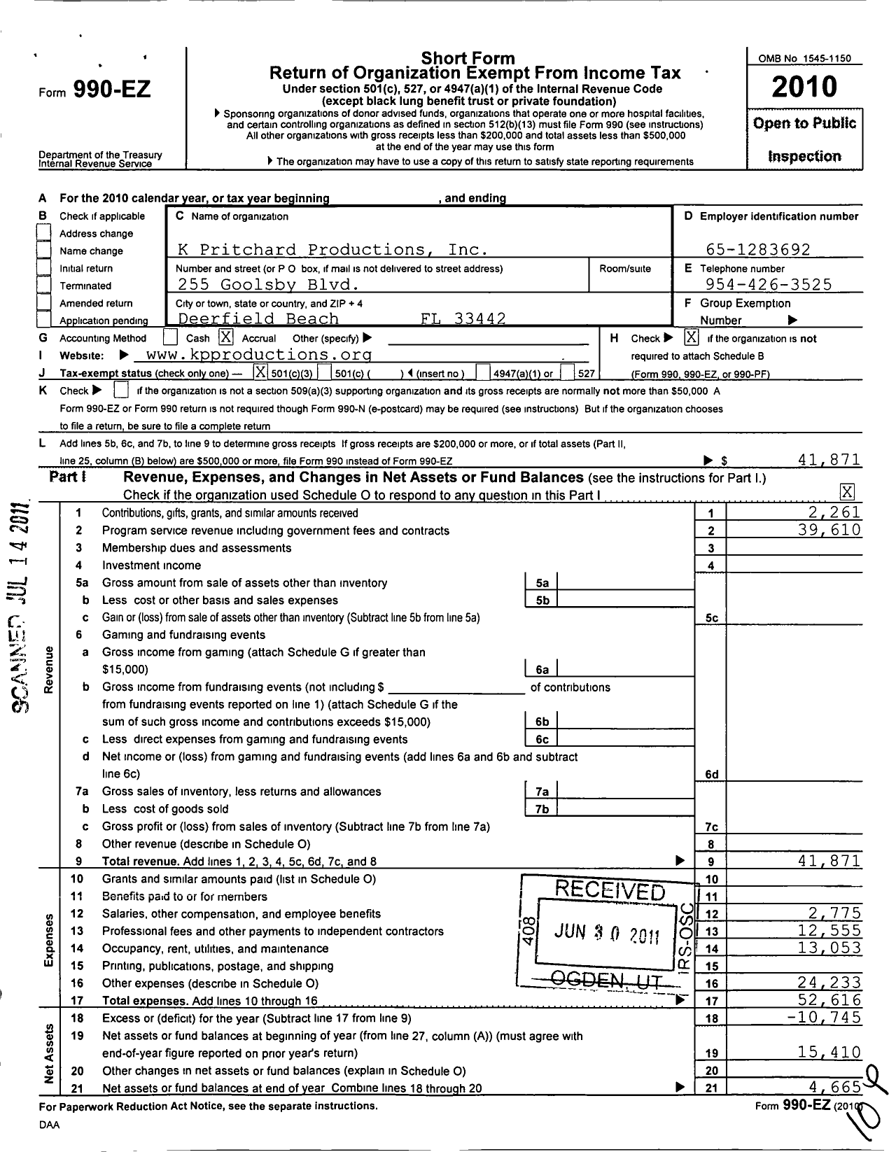 Image of first page of 2010 Form 990EZ for K Pritchard Productions