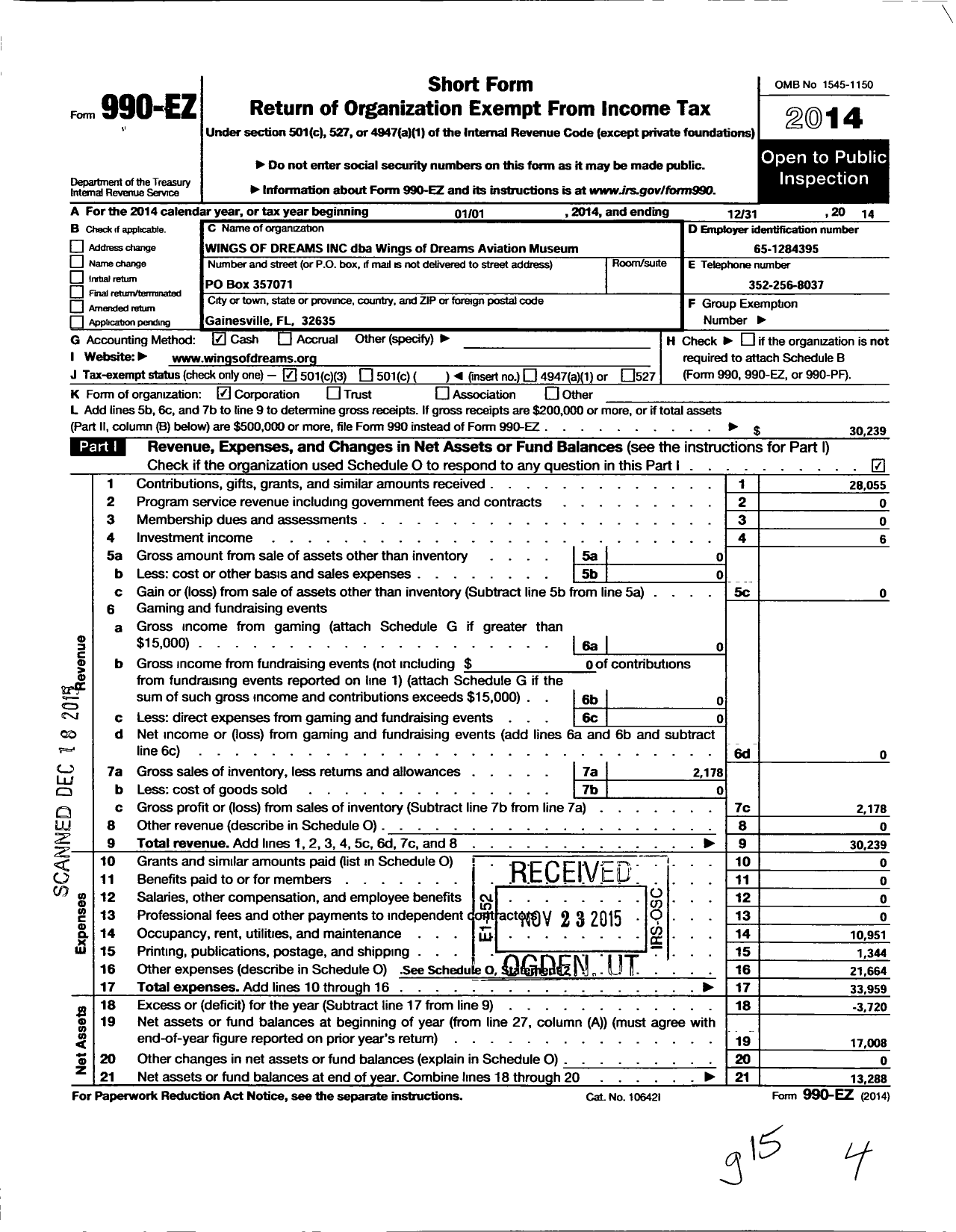 Image of first page of 2014 Form 990EZ for WINGS of Dreams