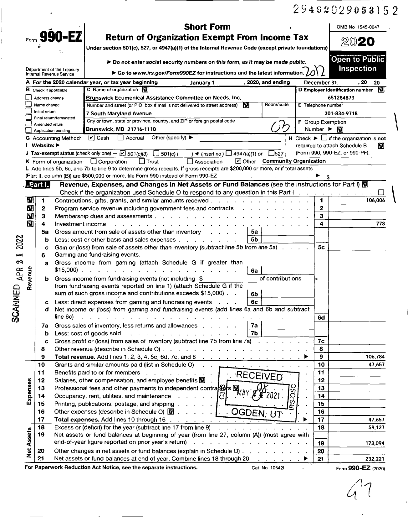 Image of first page of 2020 Form 990EZ for Brunswick Ecumenical Assistance Committee on Needs