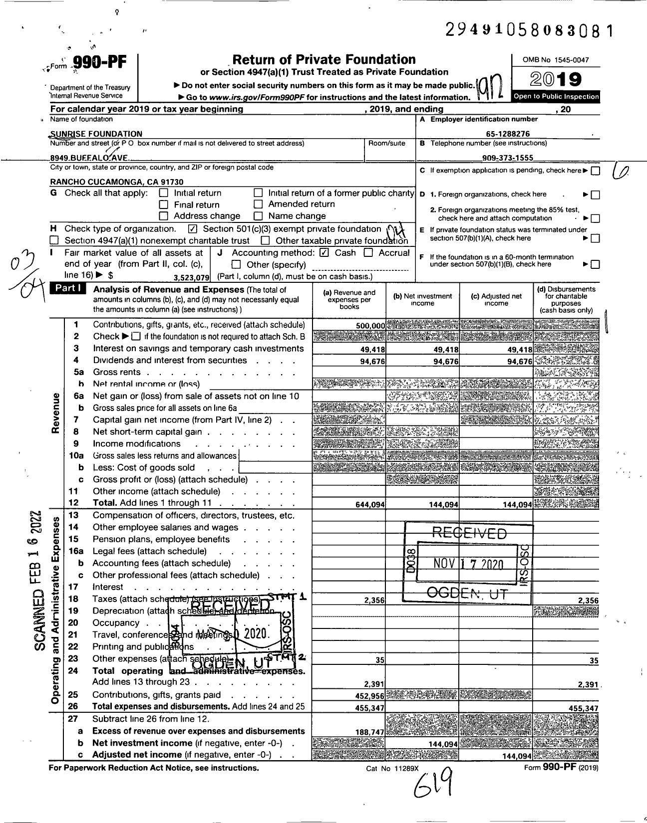 Image of first page of 2019 Form 990PF for Sunrise Foundation