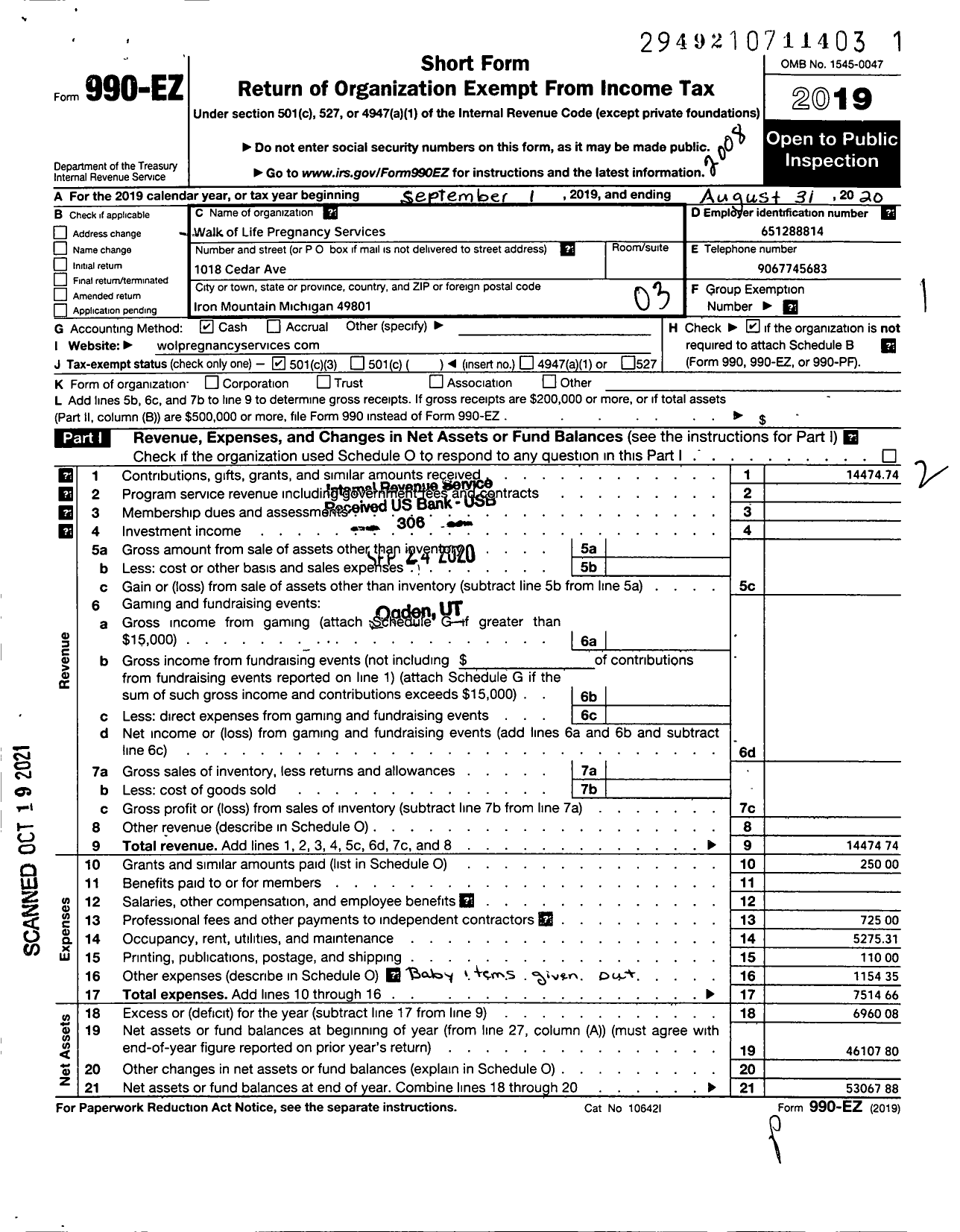 Image of first page of 2019 Form 990EZ for Walk of Life Pregnancy Services