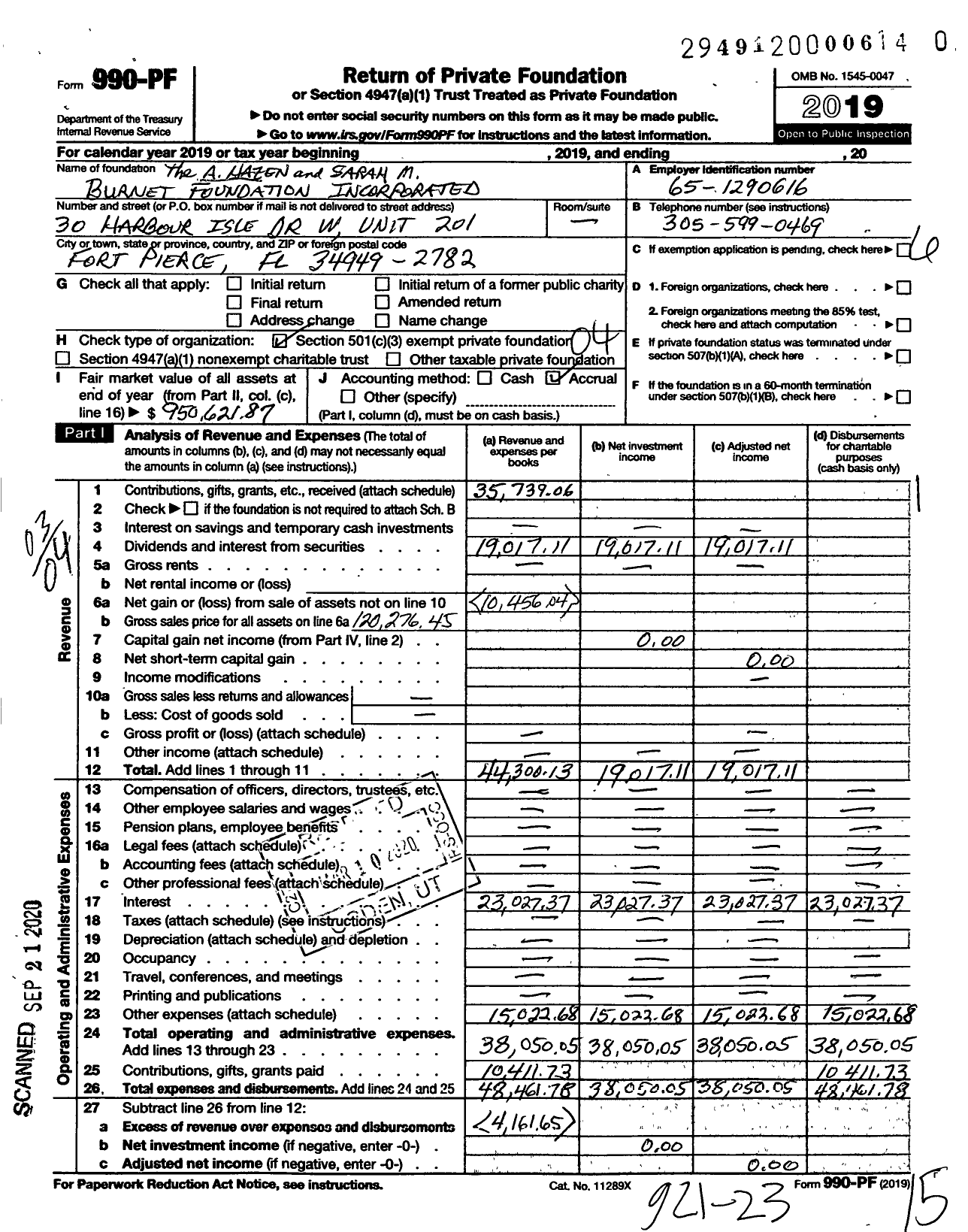 Image of first page of 2019 Form 990PR for The A Hazen and Sarah M Burnet Foundation Incorporated