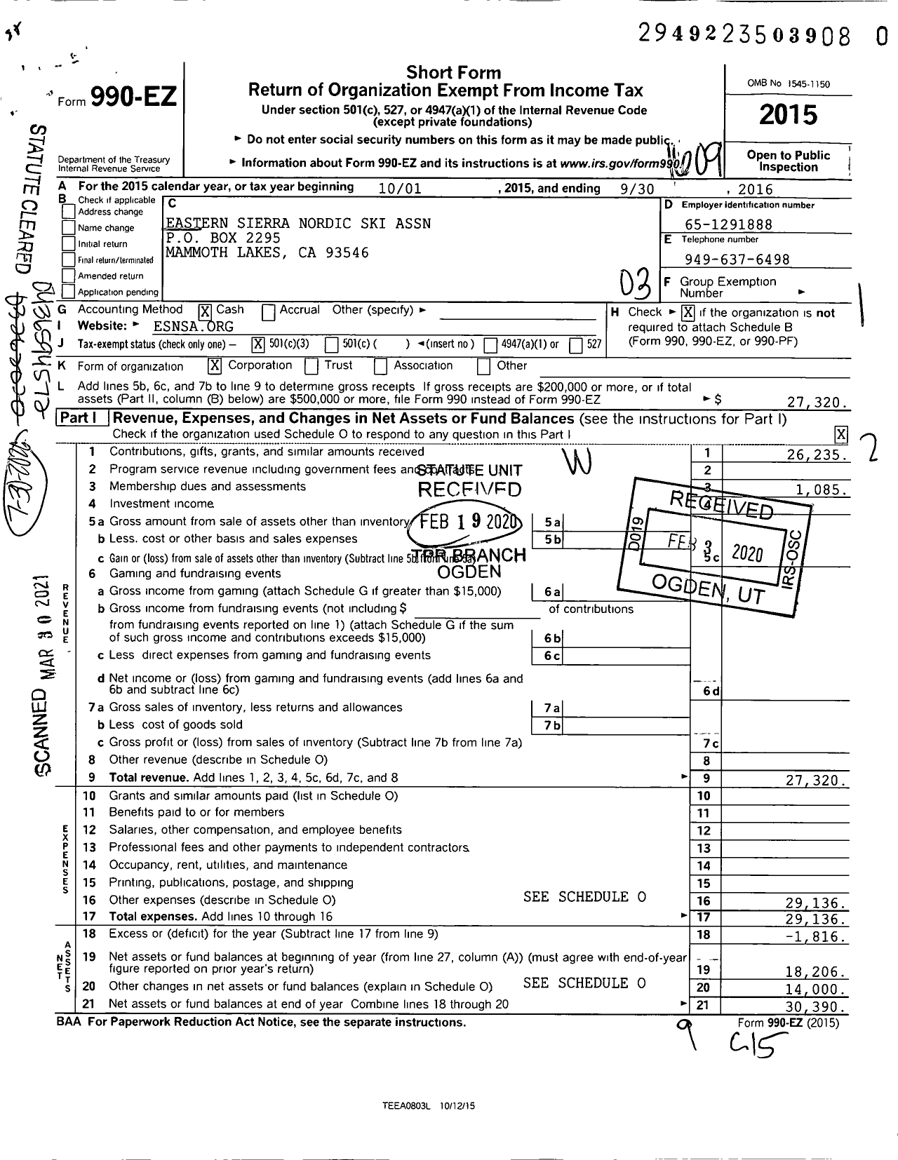 Image of first page of 2015 Form 990EZ for Eastern Sierra Nordic Ski Association