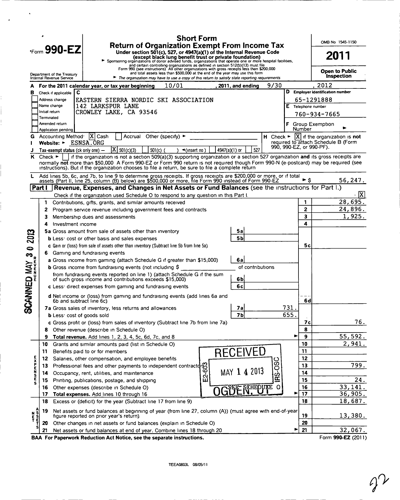 Image of first page of 2011 Form 990EZ for Eastern Sierra Nordic Ski Association