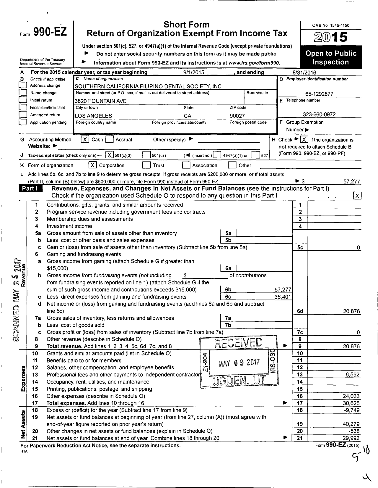 Image of first page of 2015 Form 990EZ for Southern California Filipino Dental Society