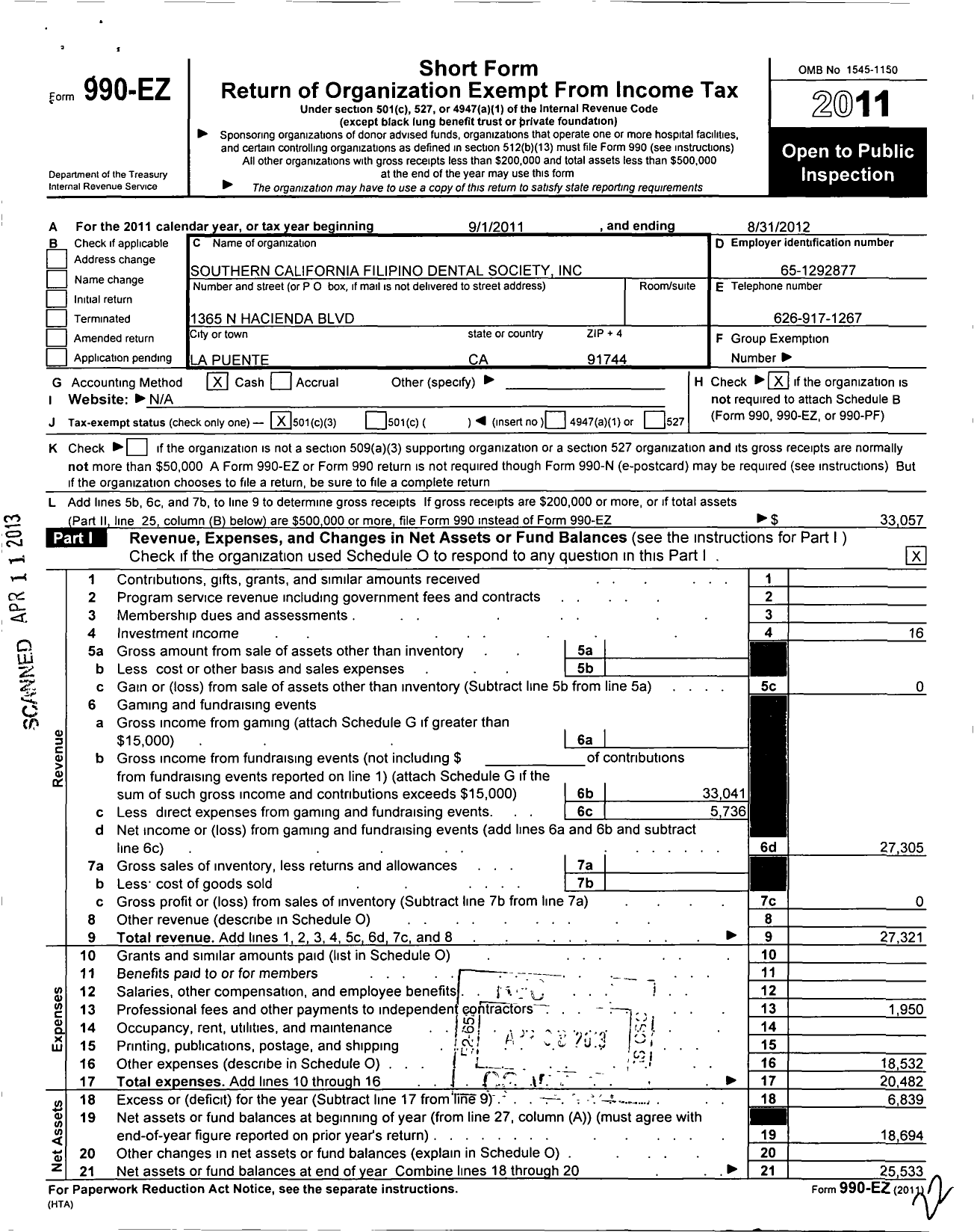 Image of first page of 2011 Form 990EZ for Southern California Filipino Dental Society