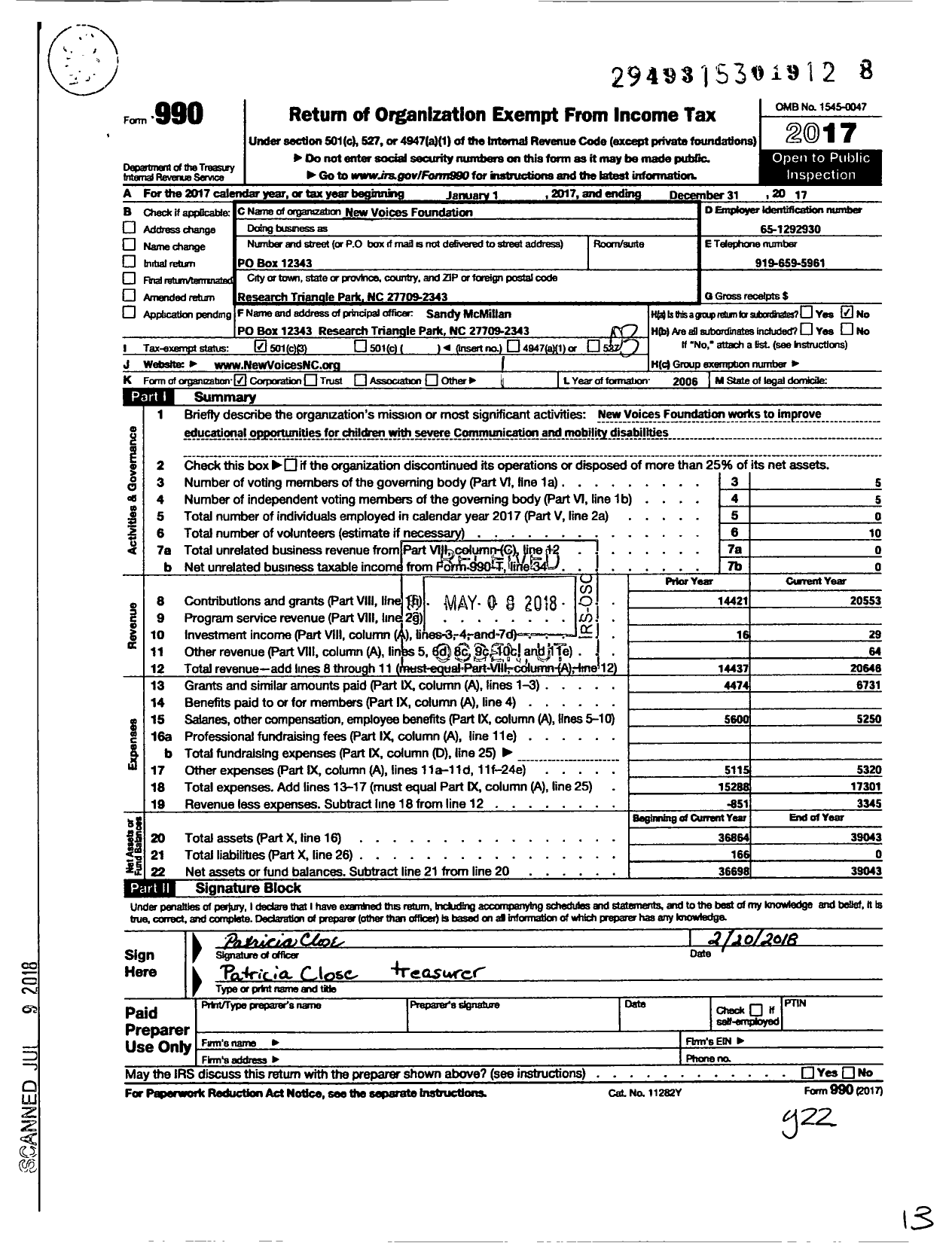 Image of first page of 2017 Form 990 for New Voices Foundation