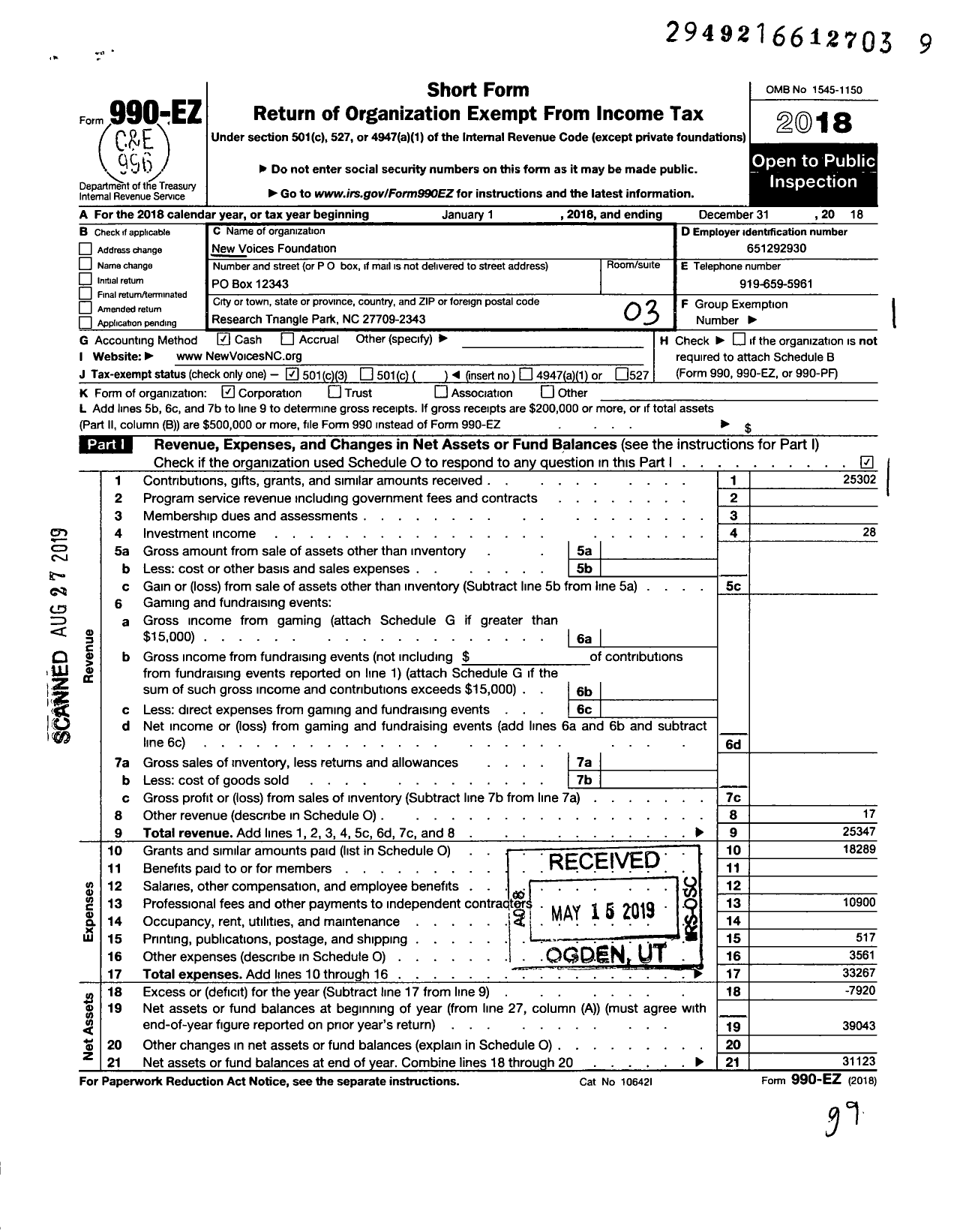 Image of first page of 2018 Form 990EZ for New Voices Foundation