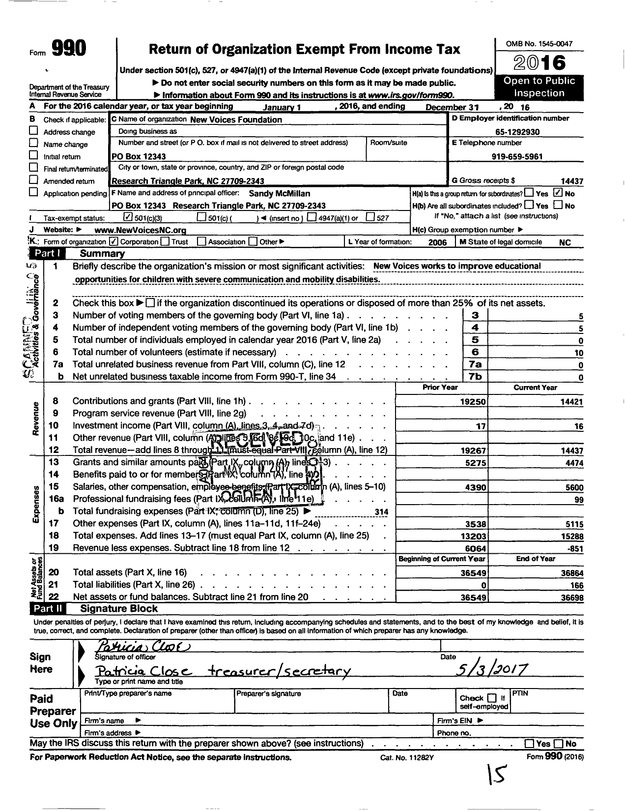 Image of first page of 2016 Form 990 for New Voices Foundation