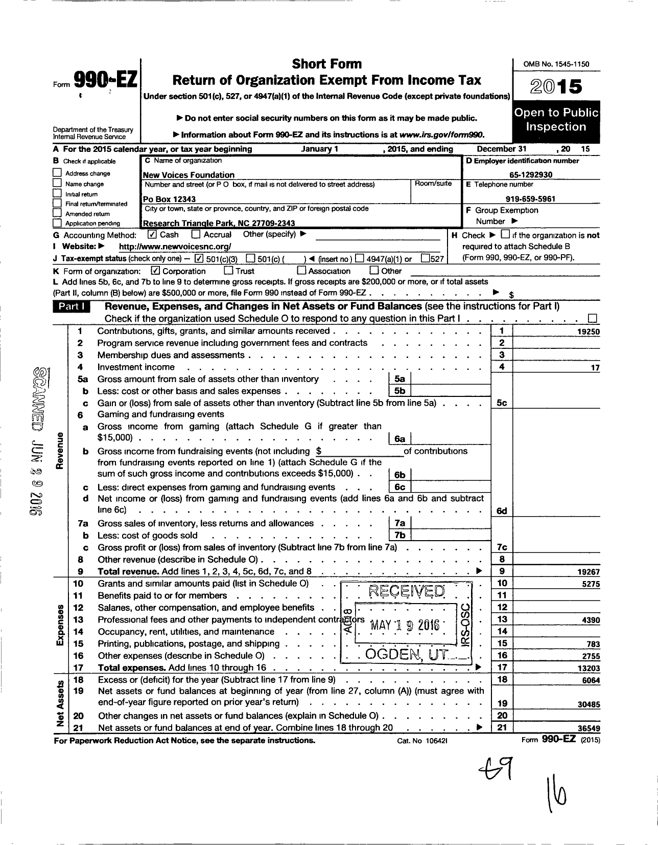 Image of first page of 2015 Form 990EZ for New Voices Foundation