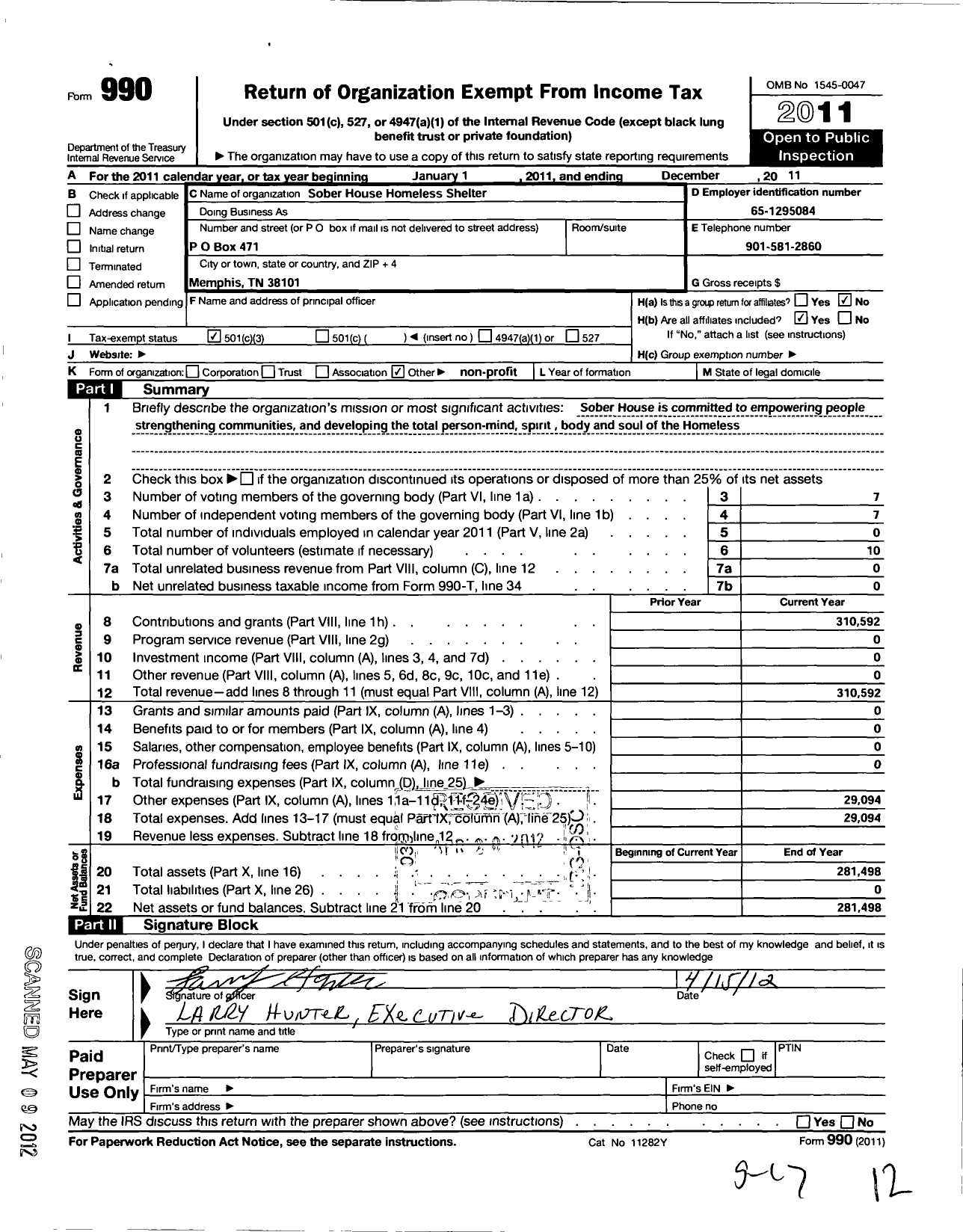 Image of first page of 2011 Form 990 for Sober House Homeless Mission