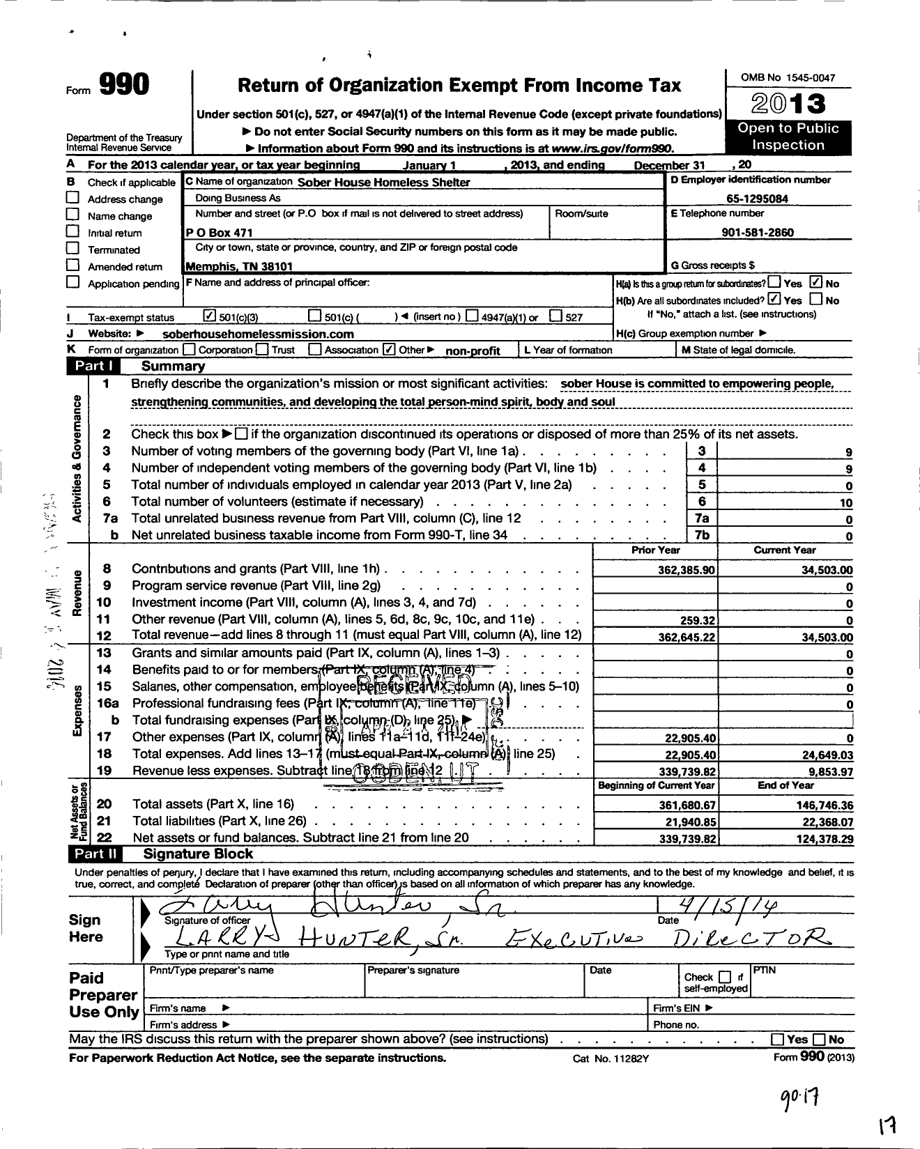 Image of first page of 2013 Form 990 for Sober House Homeless Mission