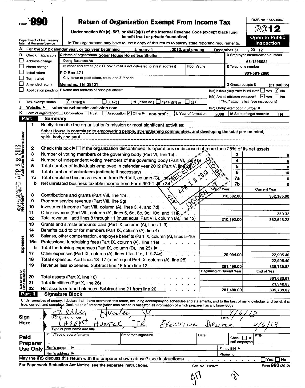 Image of first page of 2012 Form 990 for Sober House Homeless Mission