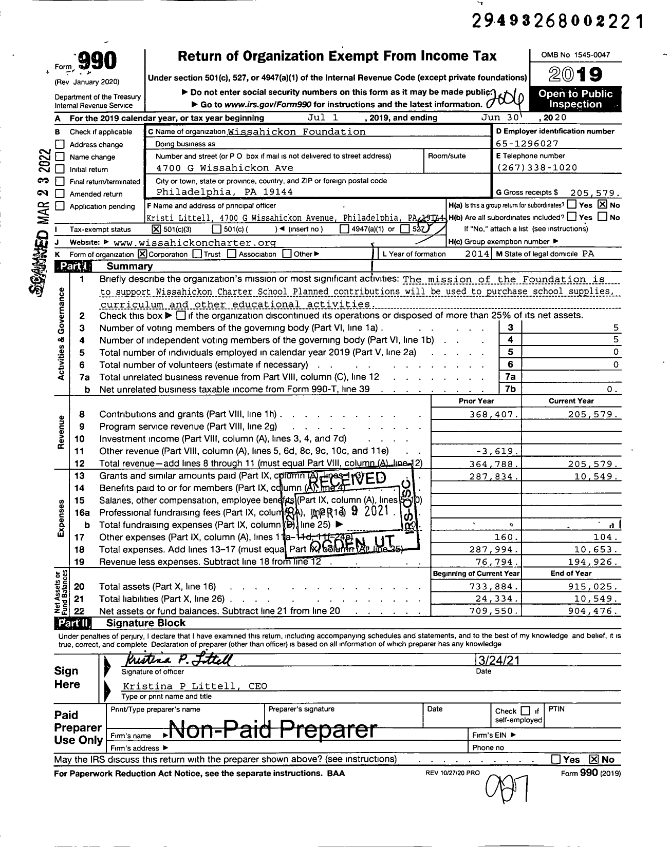 Image of first page of 2019 Form 990 for Wissahickon Foundation