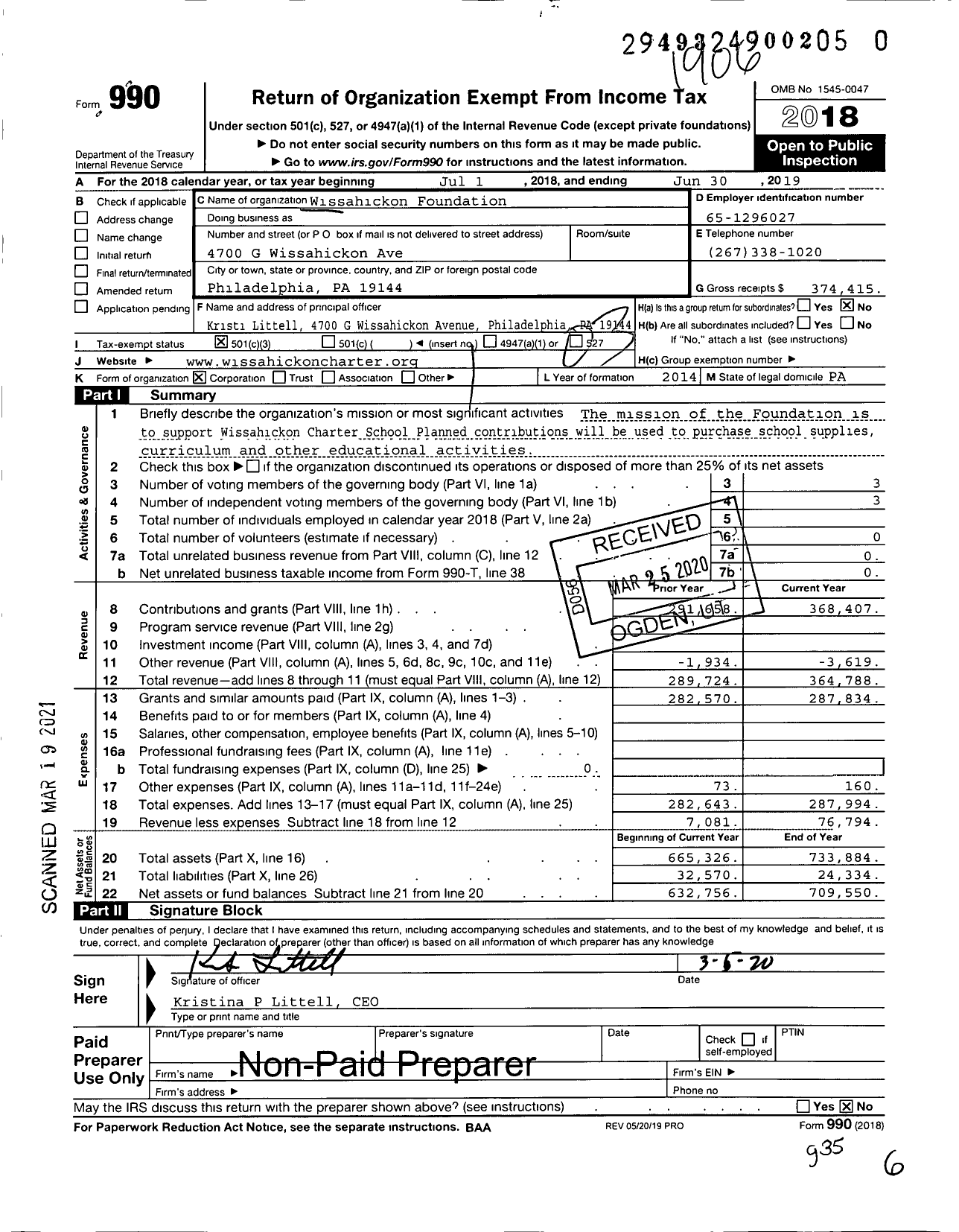 Image of first page of 2018 Form 990 for Wissahickon Foundation