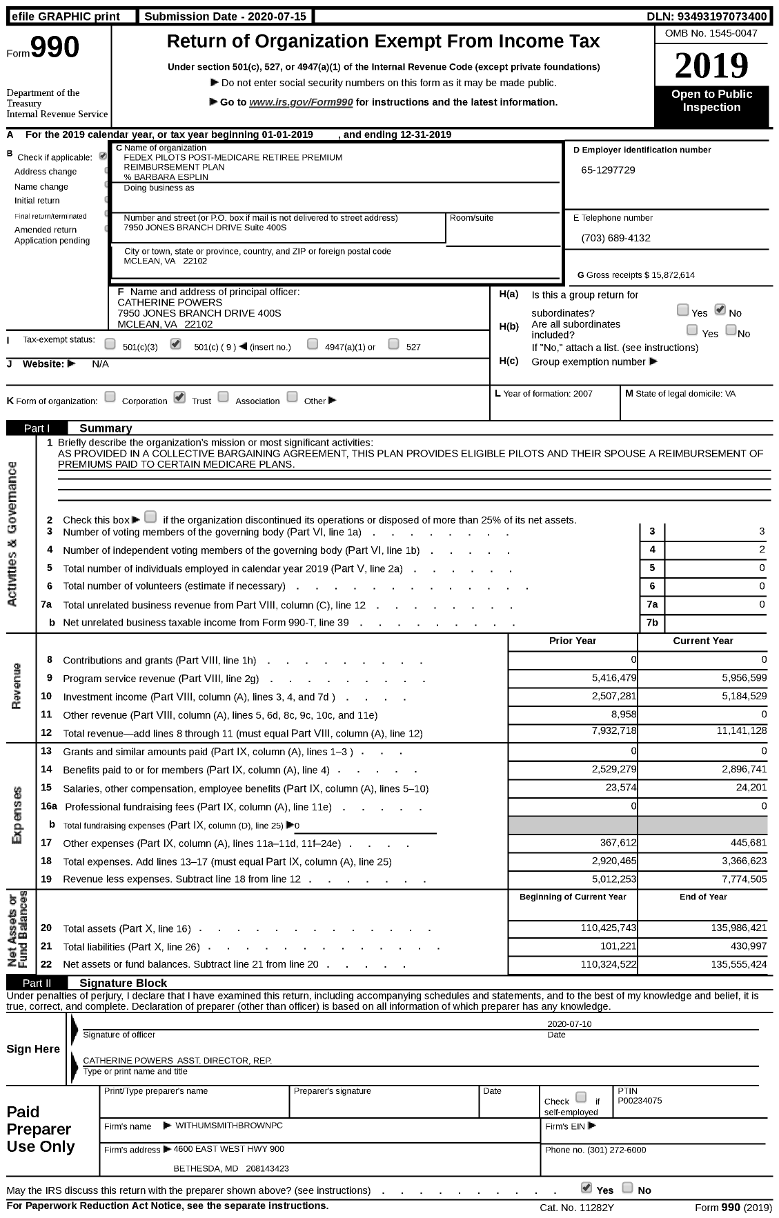 Image of first page of 2019 Form 990 for Fedex Pilots Post-Medicare Retiree Premium Reimbursement Plan