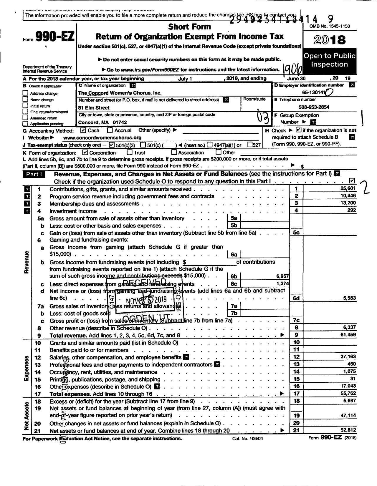 Image of first page of 2018 Form 990EZ for The Concord Womens Chorus