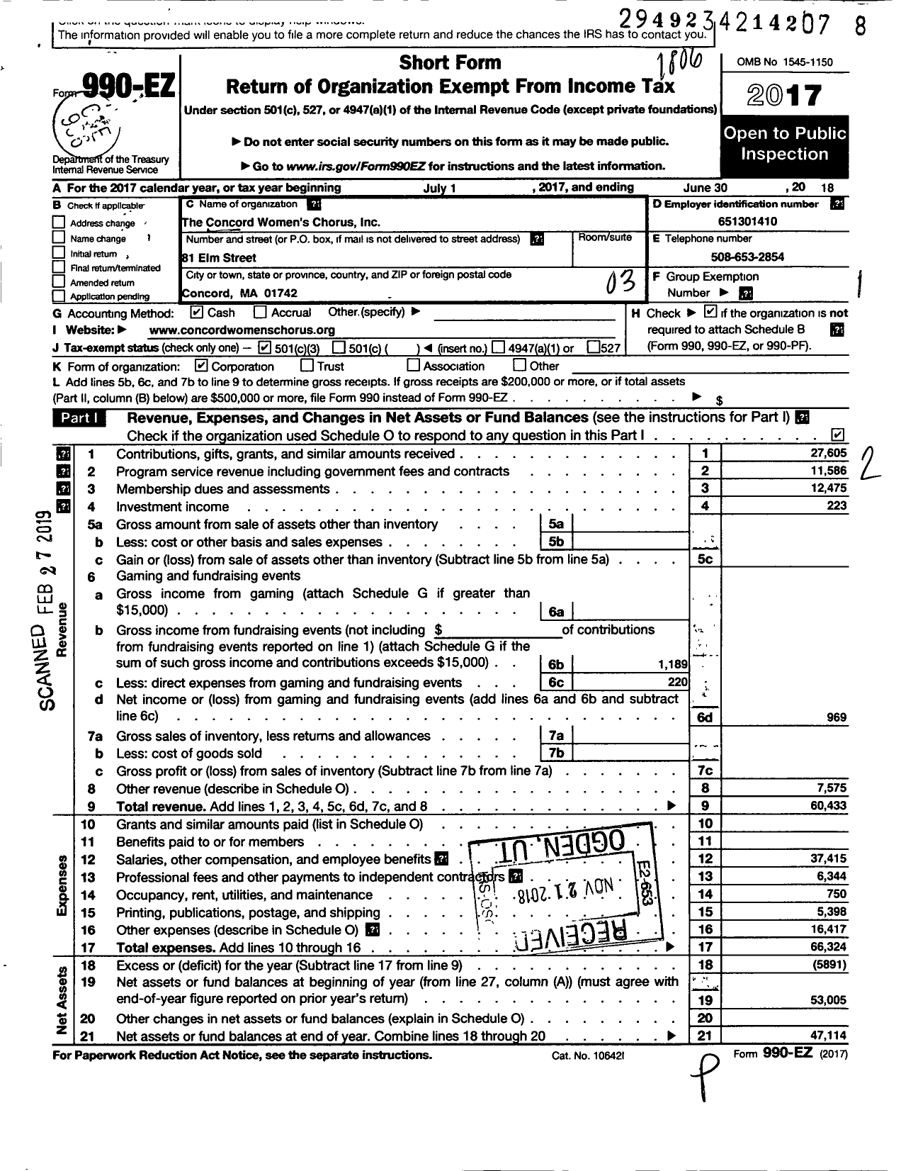 Image of first page of 2017 Form 990EZ for The Concord Womens Chorus