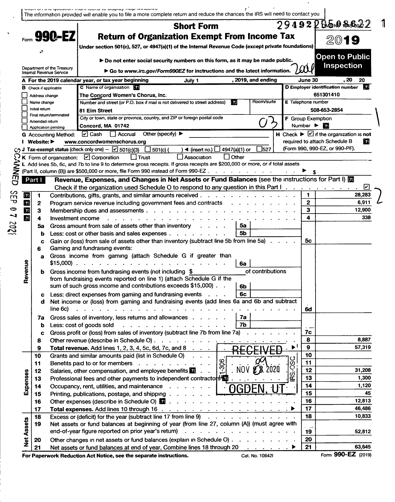 Image of first page of 2019 Form 990EZ for The Concord Womens Chorus