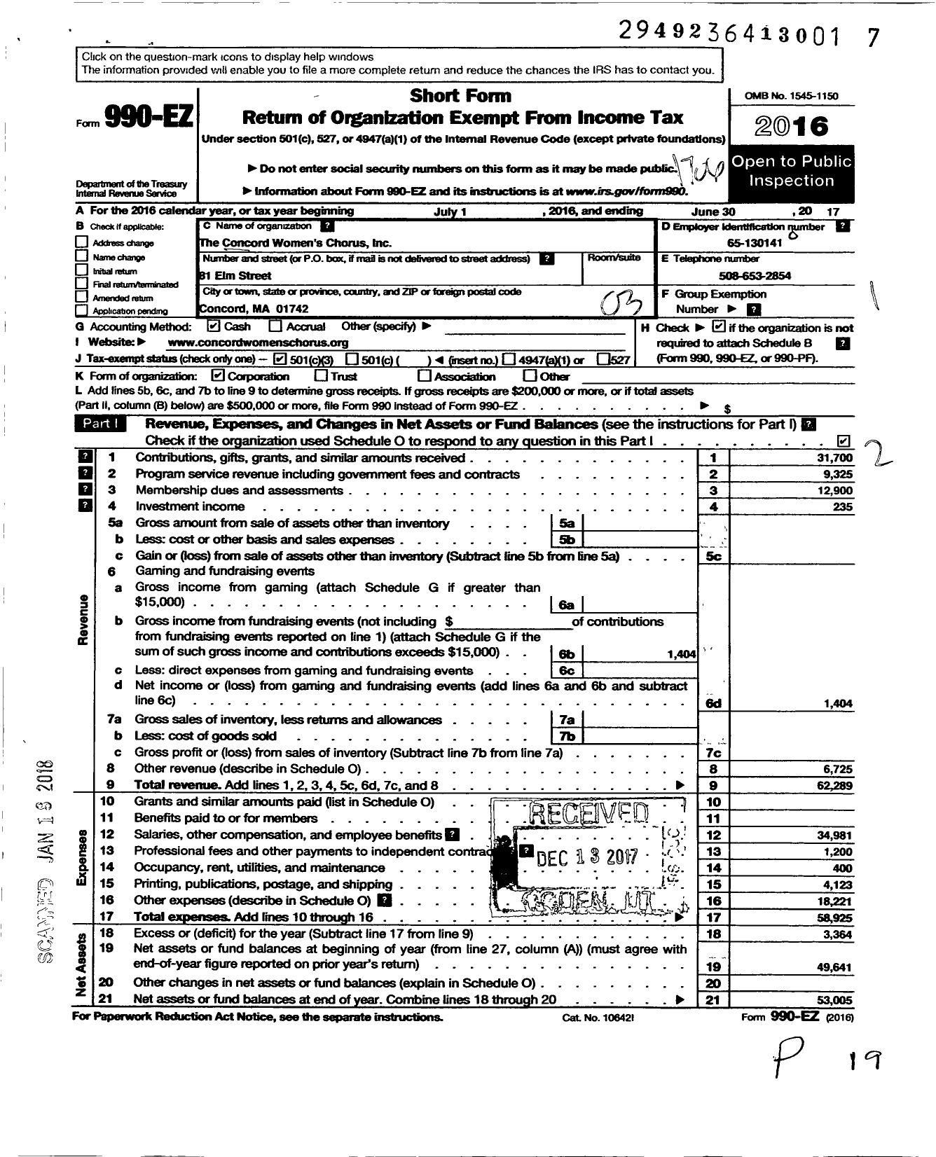 Image of first page of 2016 Form 990EZ for The Concord Womens Chorus