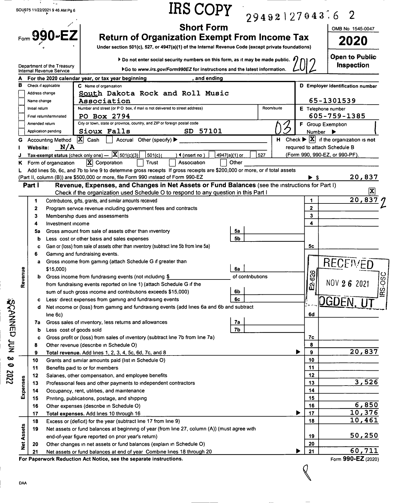 Image of first page of 2020 Form 990EZ for South Dakota Rock and Roll Music Association