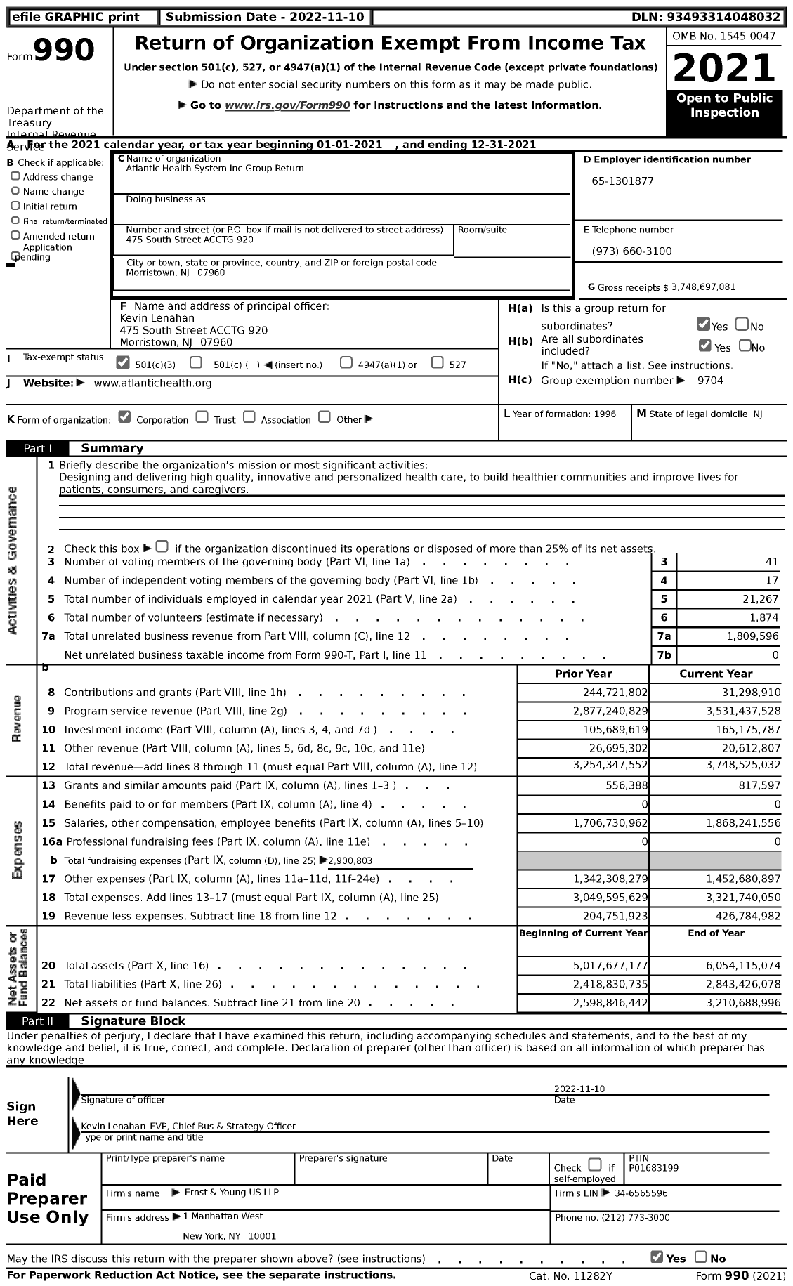 Image of first page of 2021 Form 990 for Atlantic Health System