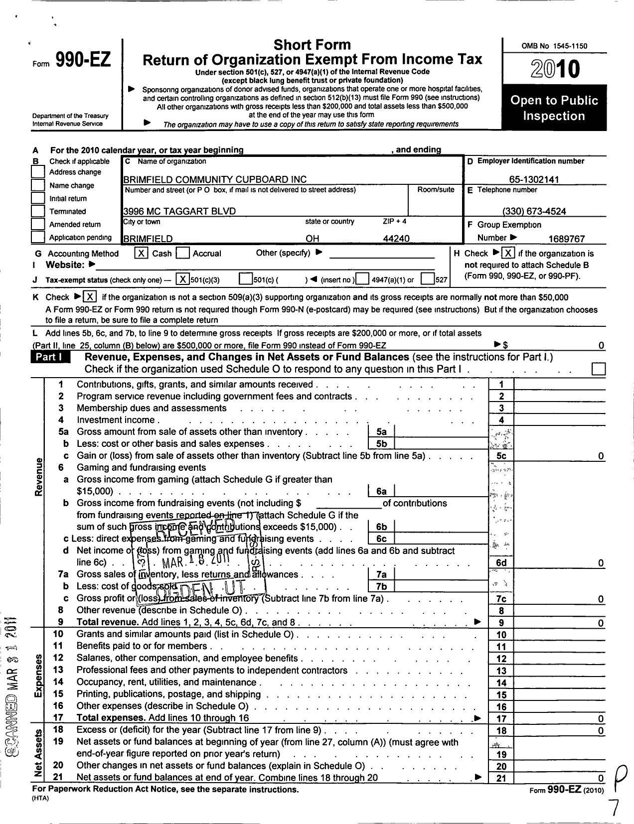 Image of first page of 2010 Form 990EZ for Brimfield Community Cupboard