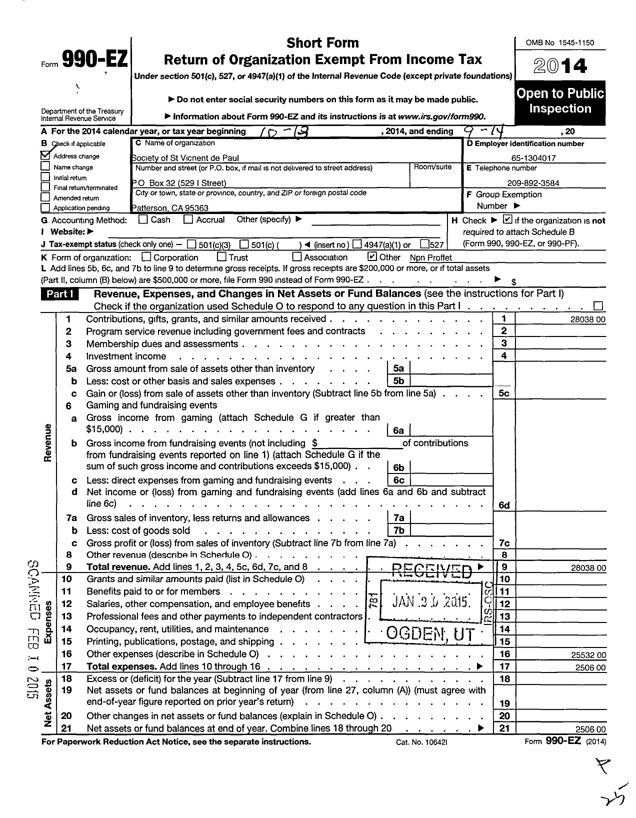 Image of first page of 2013 Form 990EO for Sacred Heart Patterson