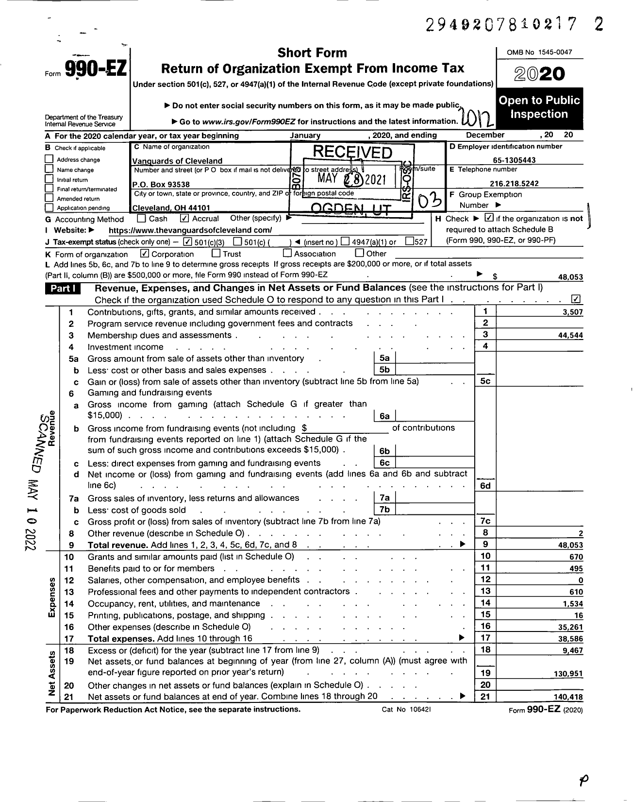 Image of first page of 2020 Form 990EZ for Vanguards of Cleveland