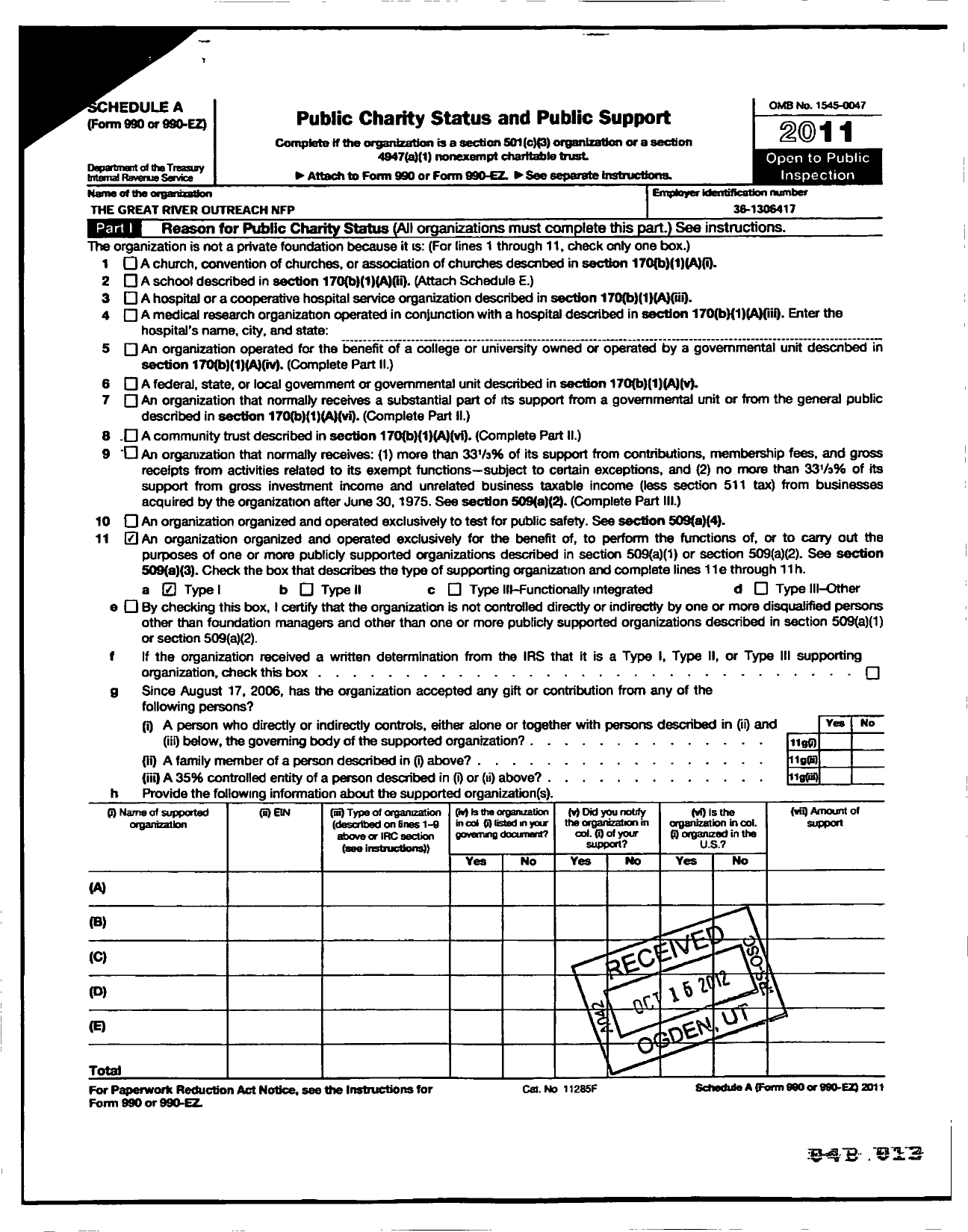 Image of first page of 2011 Form 990ER for Great River Outreach NFP