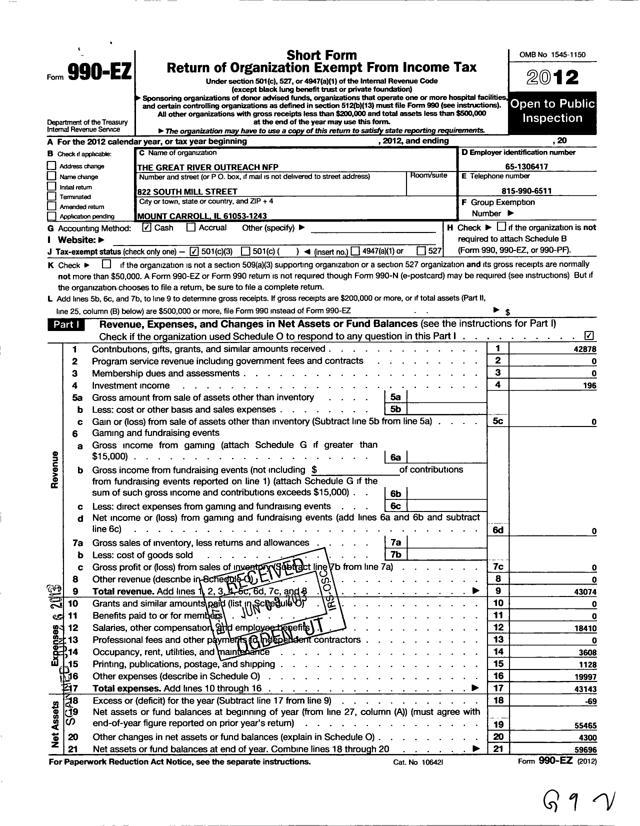 Image of first page of 2012 Form 990EZ for Great River Outreach NFP