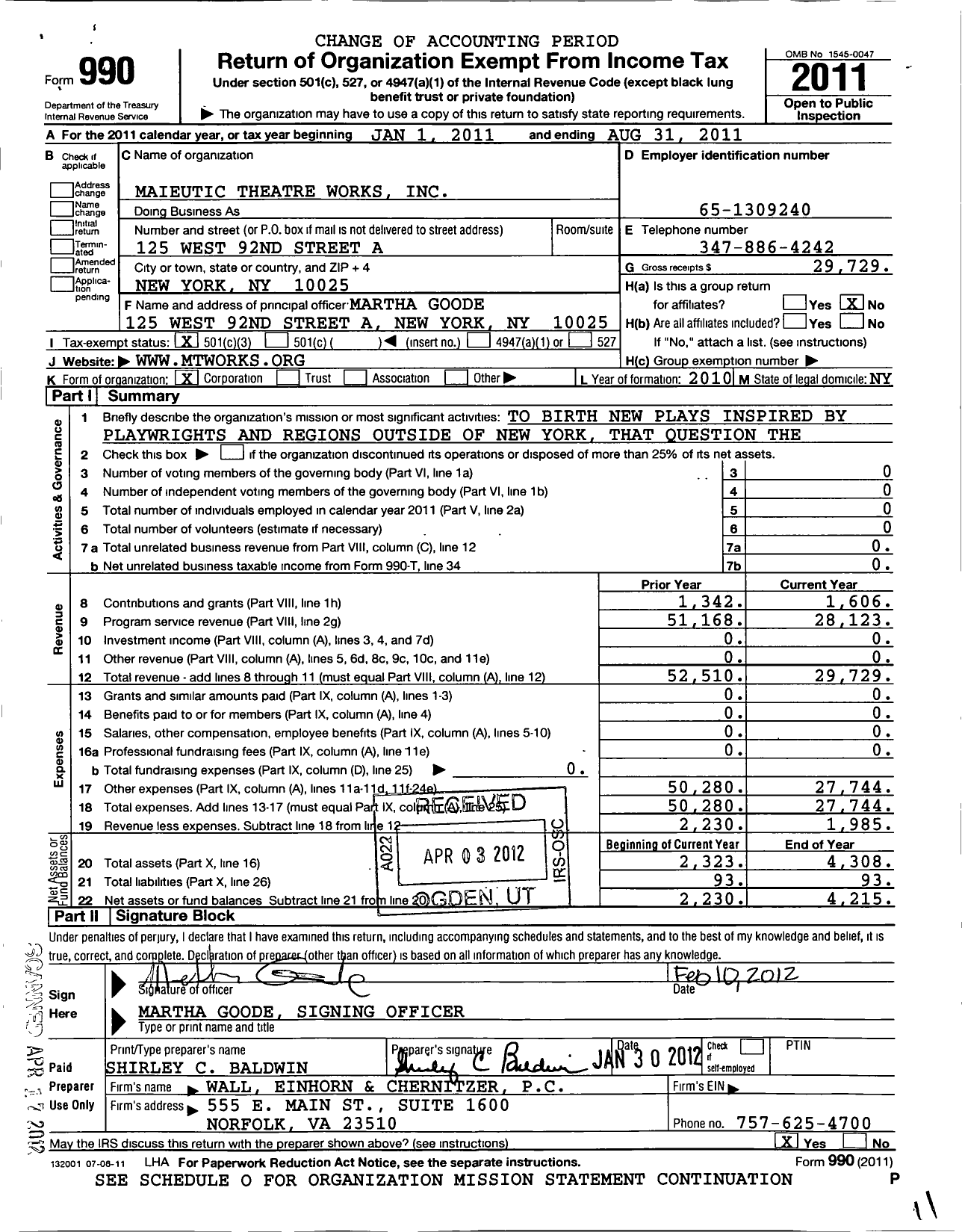 Image of first page of 2010 Form 990 for Maieutic Theatre Works